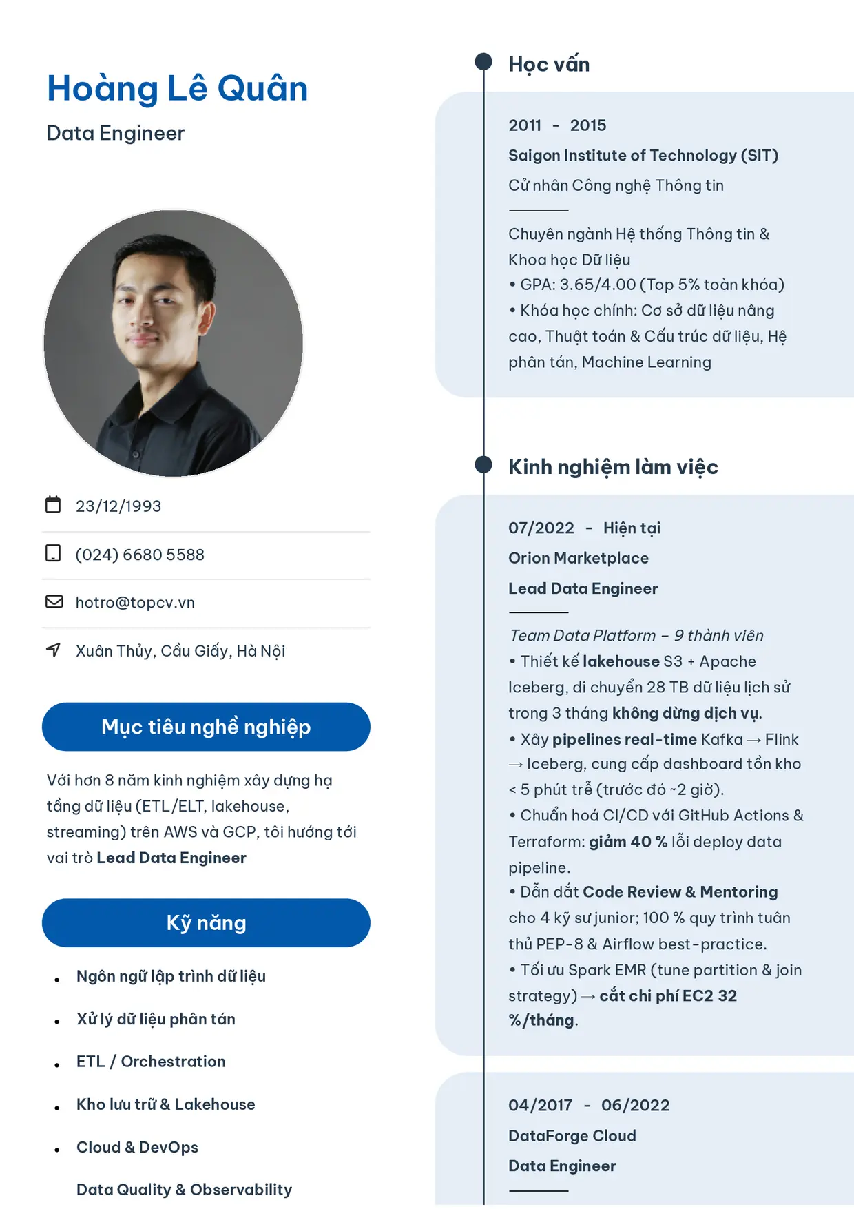 Mẫu CV Data Engineer style Sinh viên 3