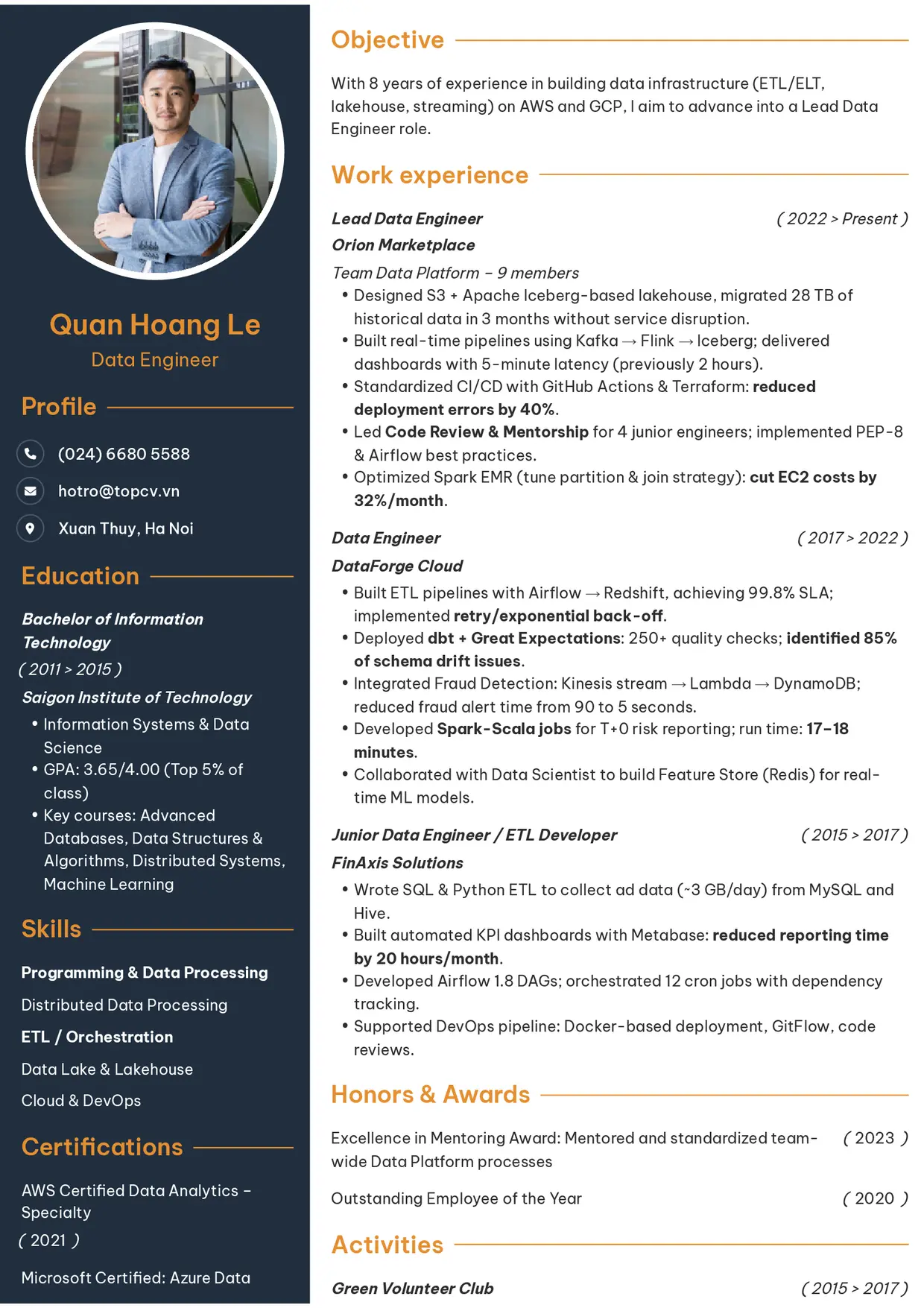 Mẫu CV xin việc Data Engineer style Tham vọng 1