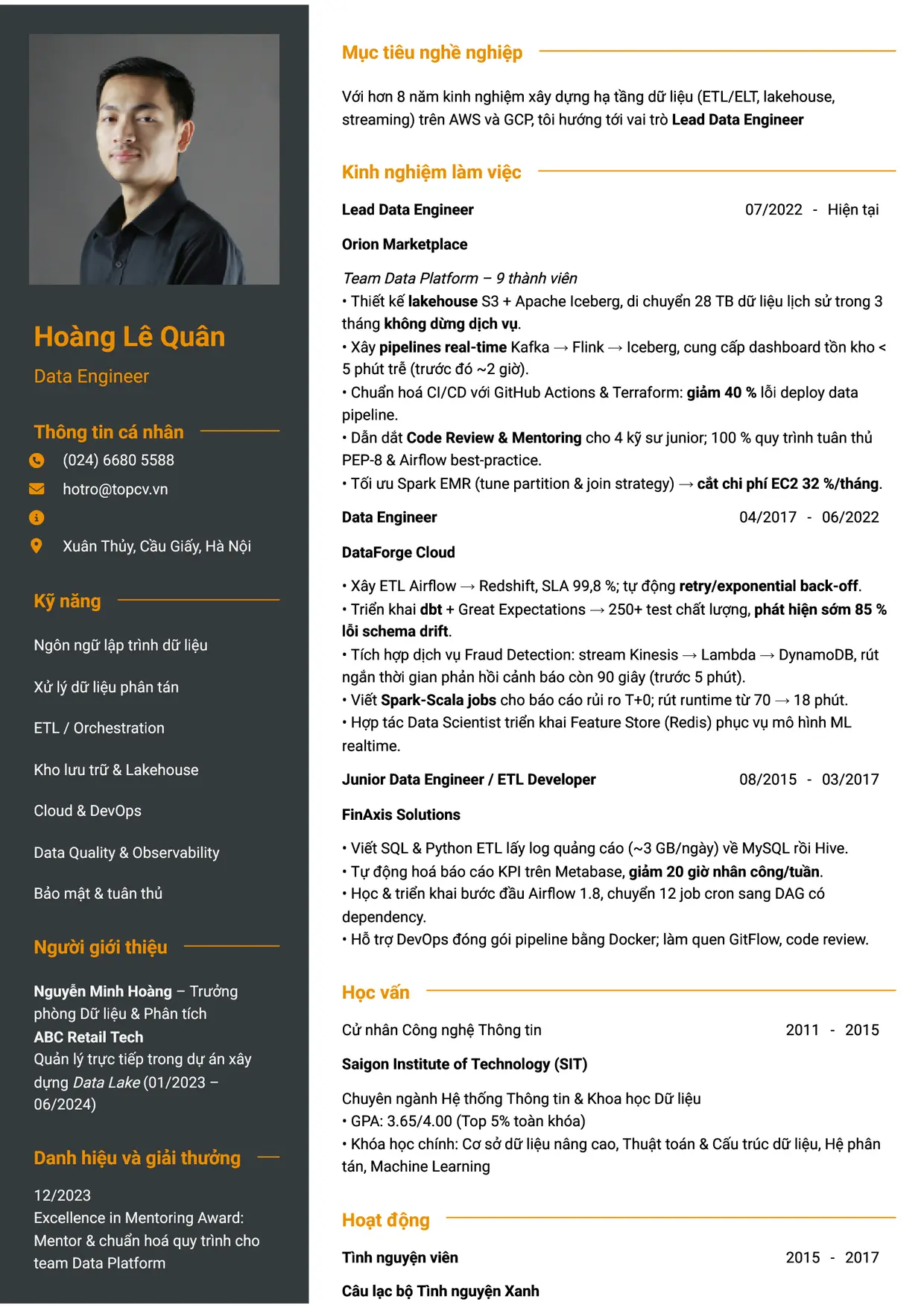 Mẫu CV Data Engineer style Tham vọng