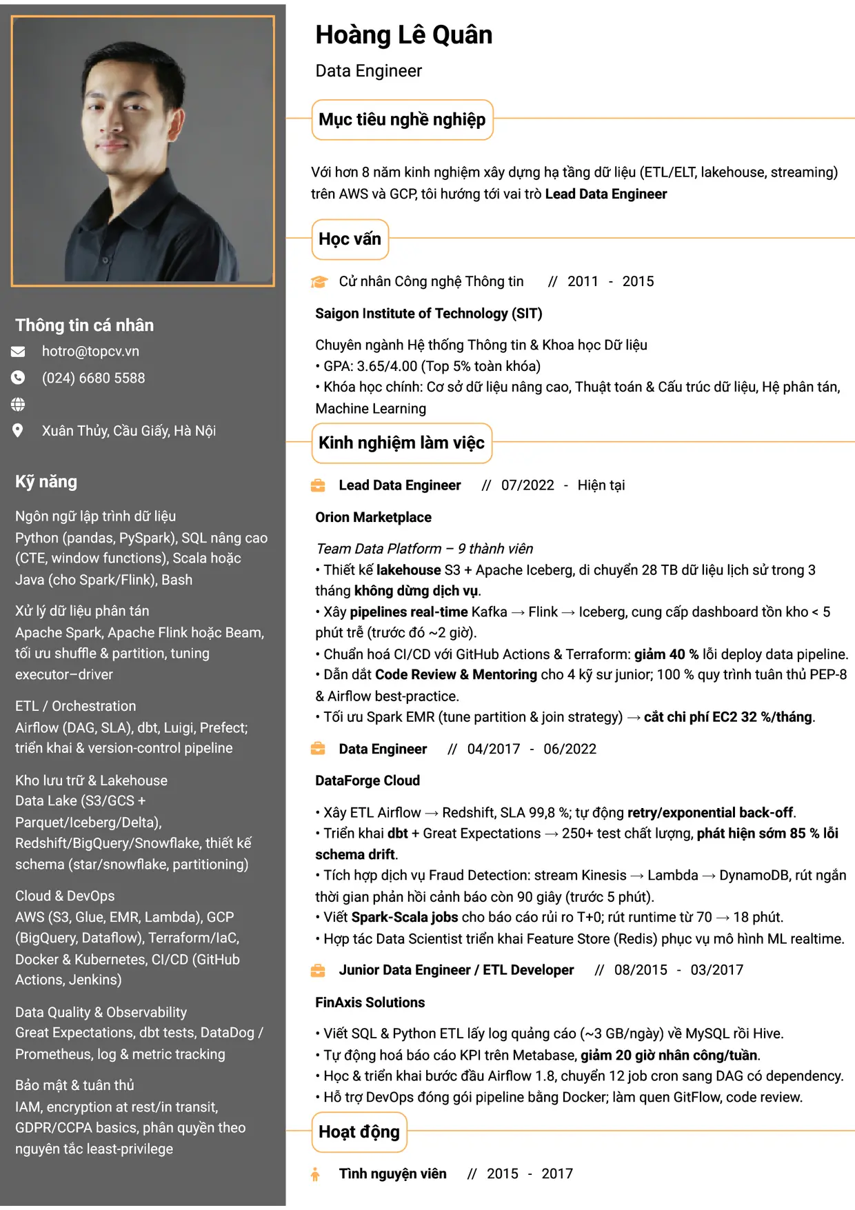 Mẫu CV Data Engineer style Thành đạt