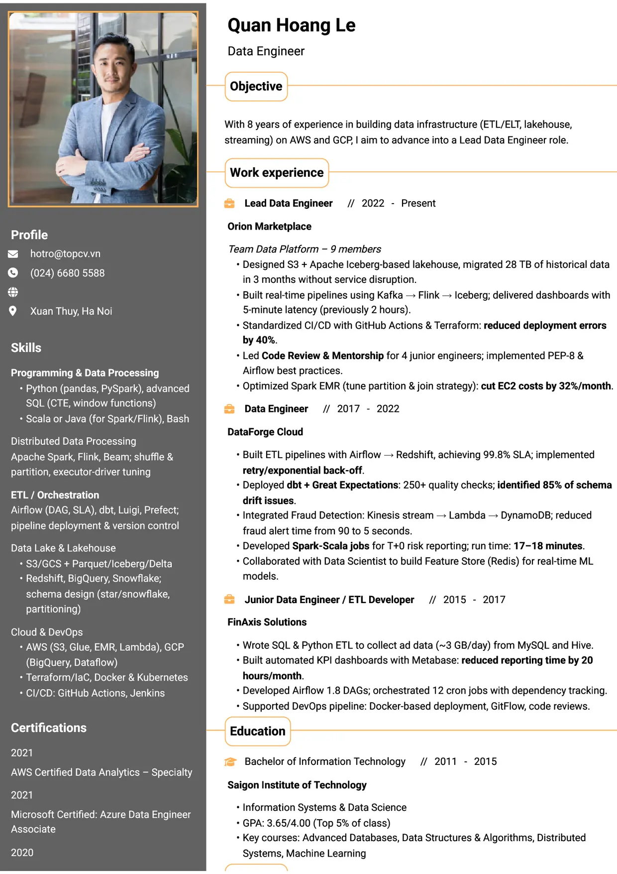 Mẫu CV xin việc Data Engineer style Thành đạt