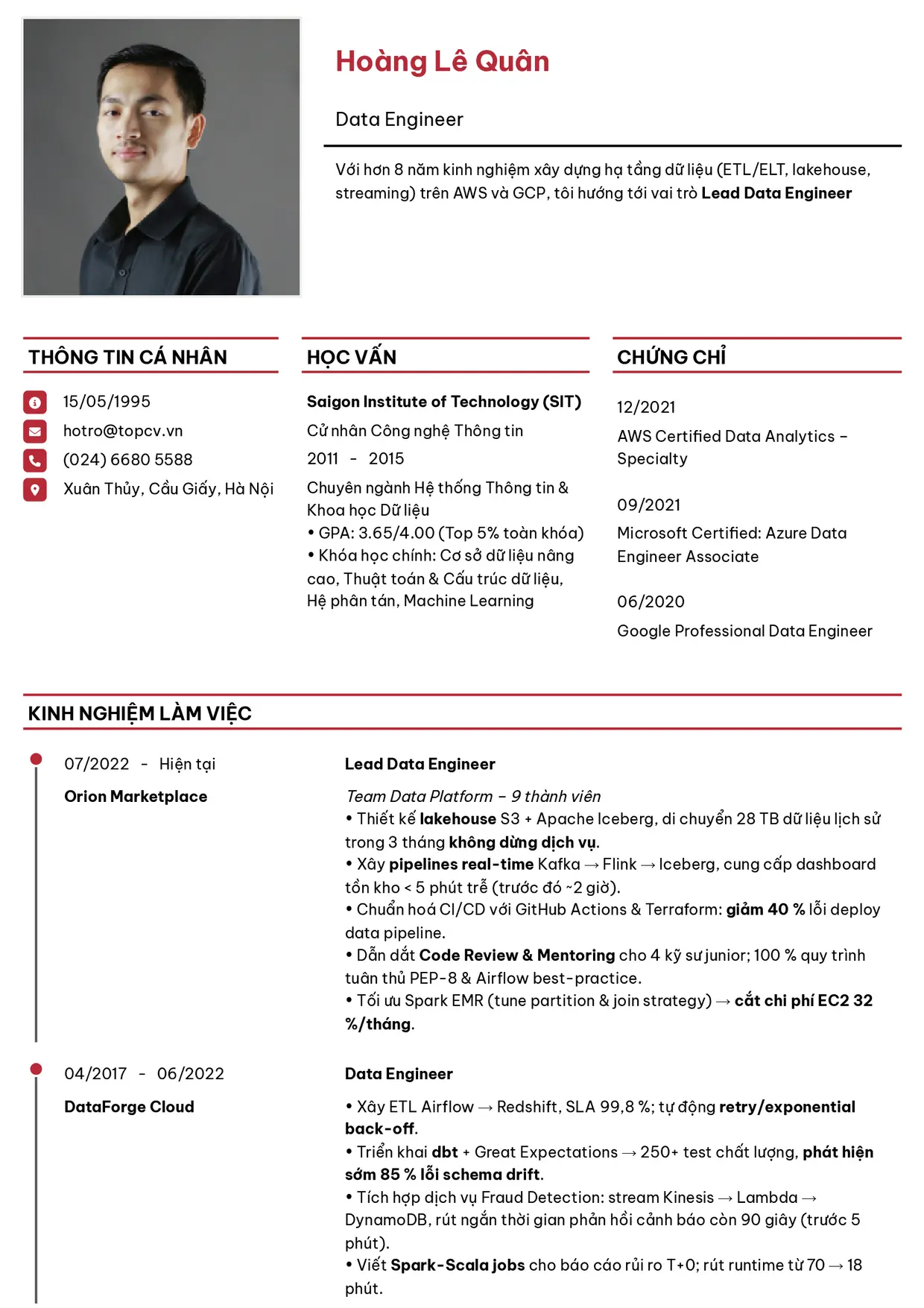 Mẫu CV Data Engineer style Thanh lịch