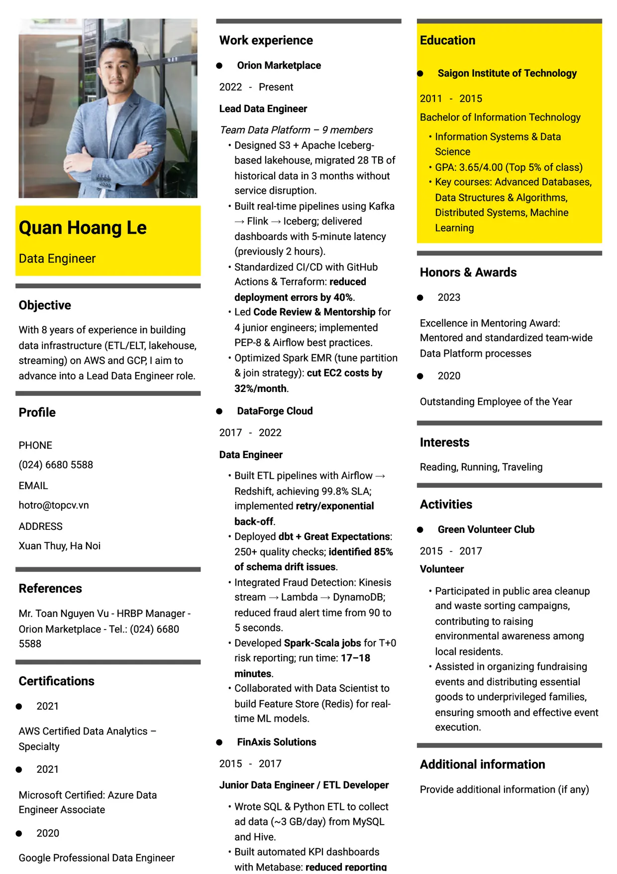 Mẫu CV xin việc Data Engineer style Thời đại