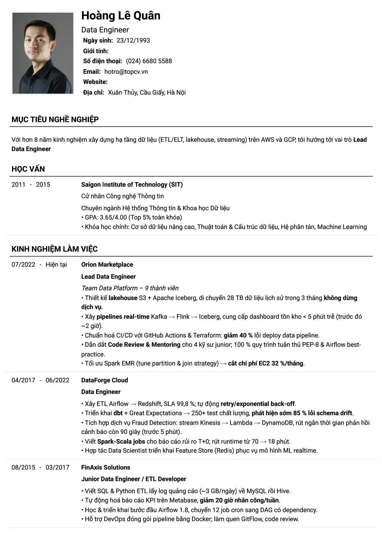 Mẫu CV Data Engineer style Tiêu chuẩn