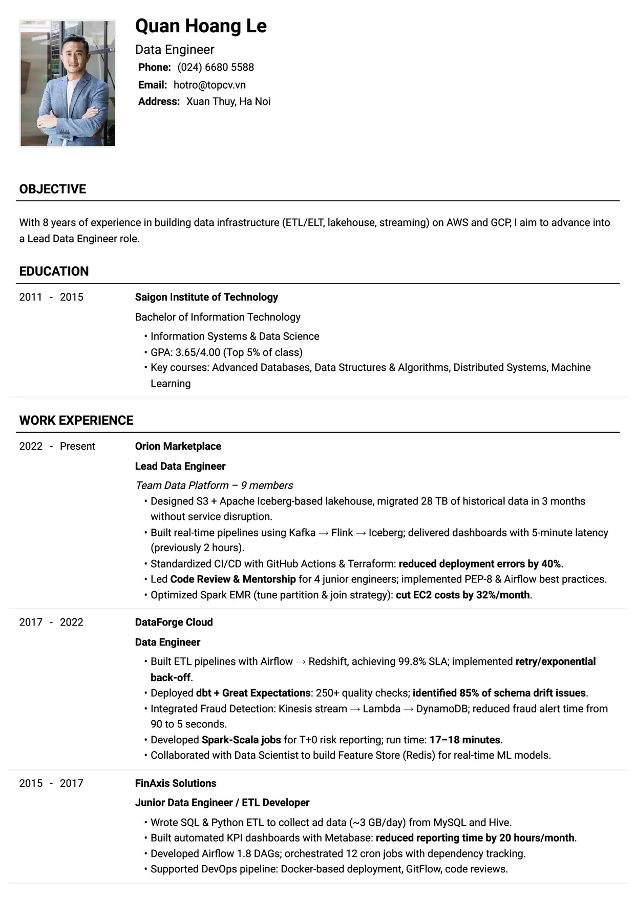 Mẫu CV xin việc Data Engineer style Tiêu chuẩn