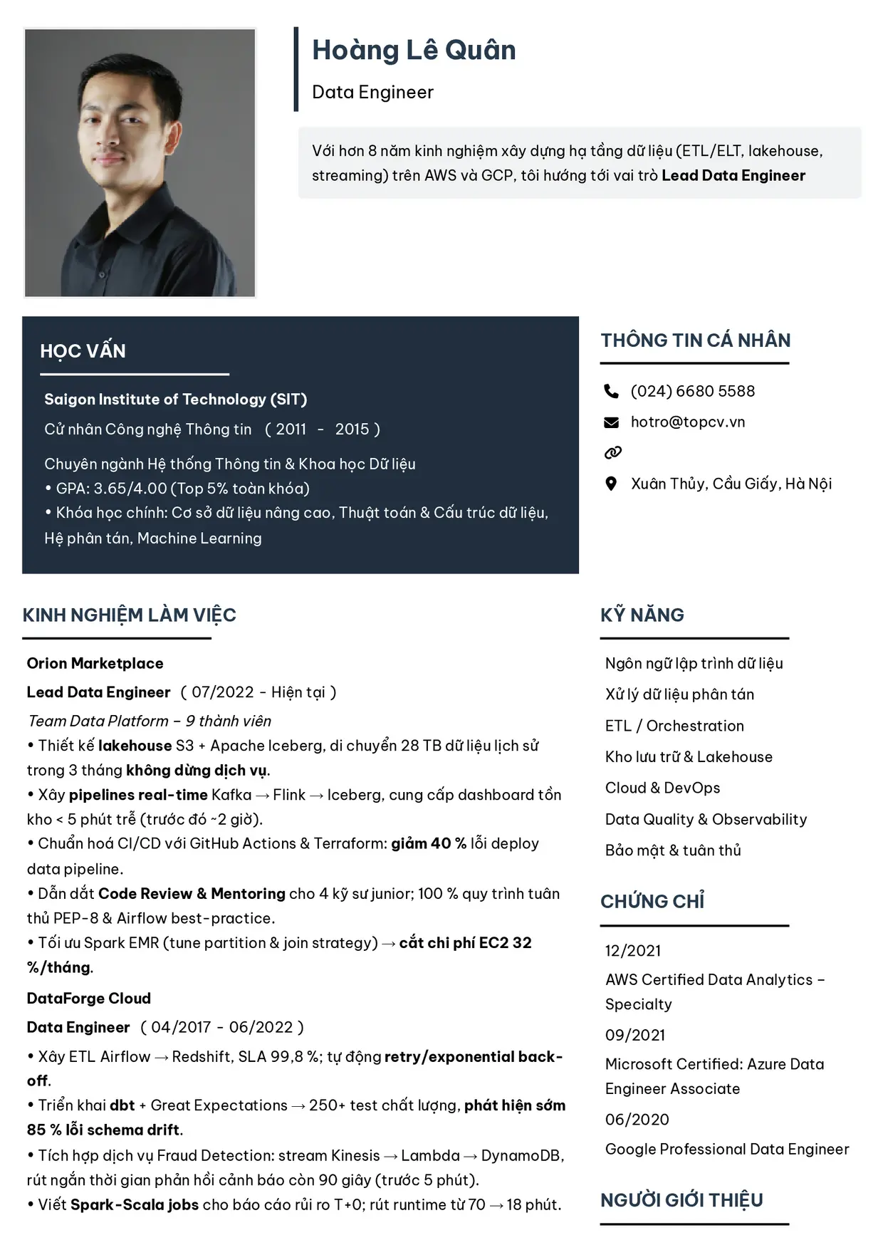 Mẫu CV Data Engineer style Tối giản 2