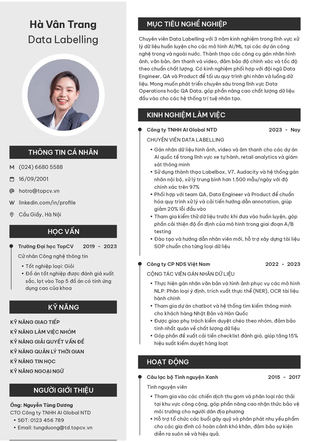Mẫu CV xin việc Data Labelling style Clarity