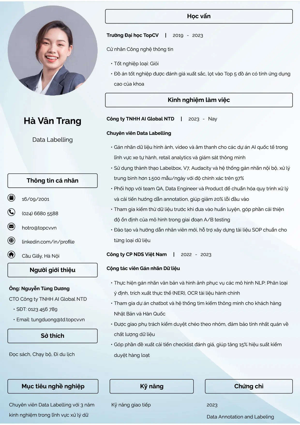 Mẫu CV xin việc Data Labelling style Đam mê