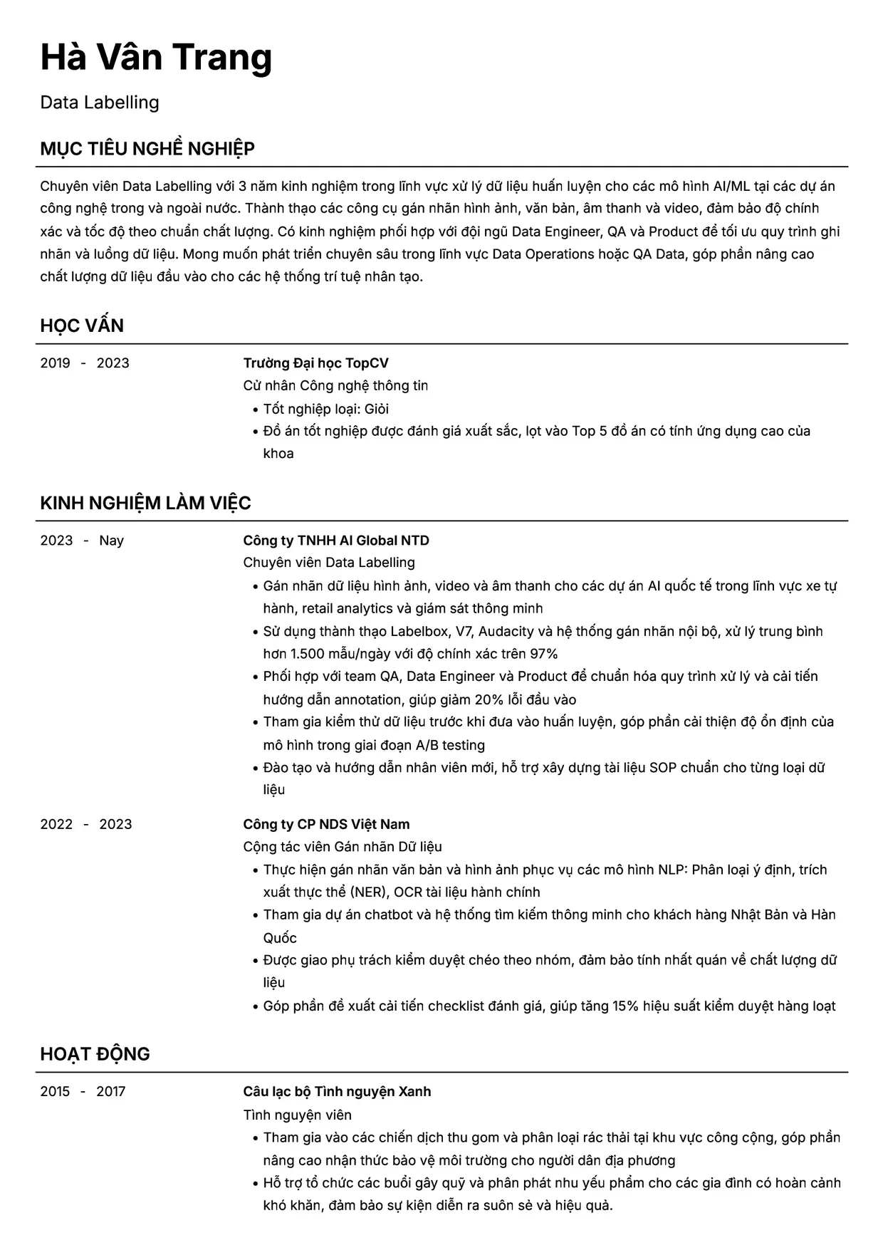 Mẫu CV xin việc Data Labelling style Headhunt