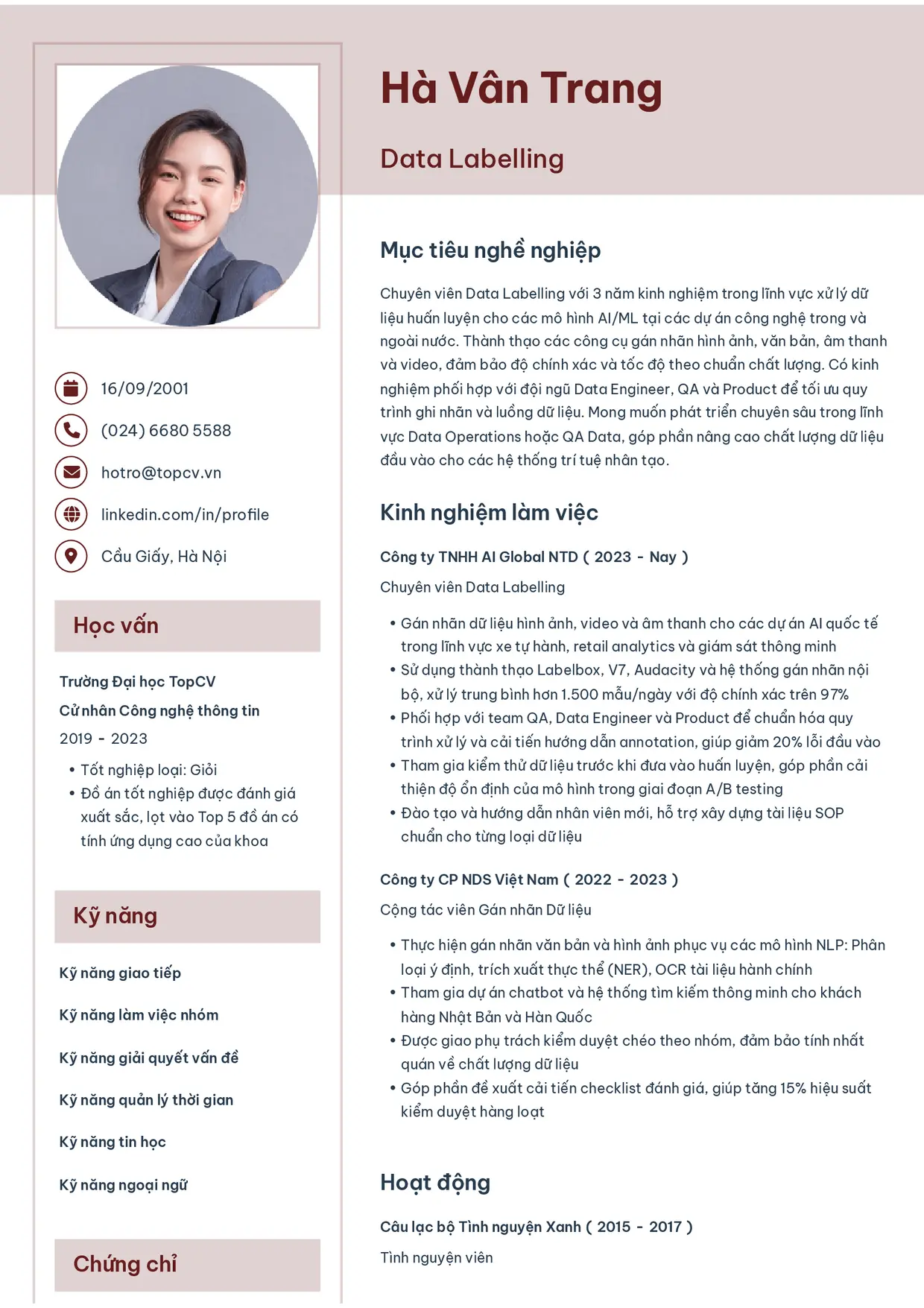 Mẫu CV xin việc Data Labelling style Thanh nhã