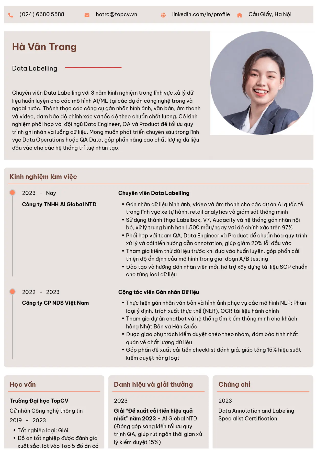 Mẫu CV xin việc Data Labelling style Trang trọng