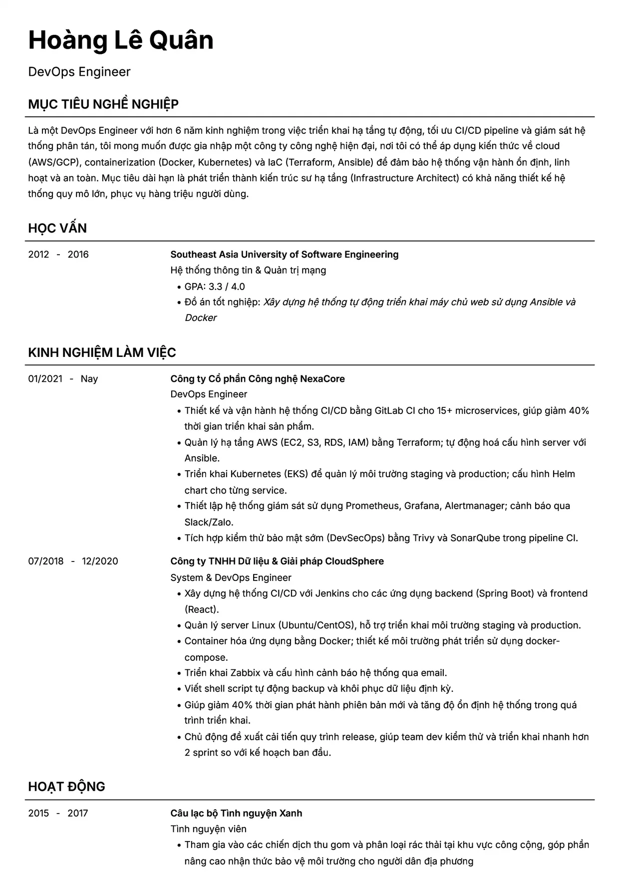 Mẫu CV DevOps Engineer style Headhunt