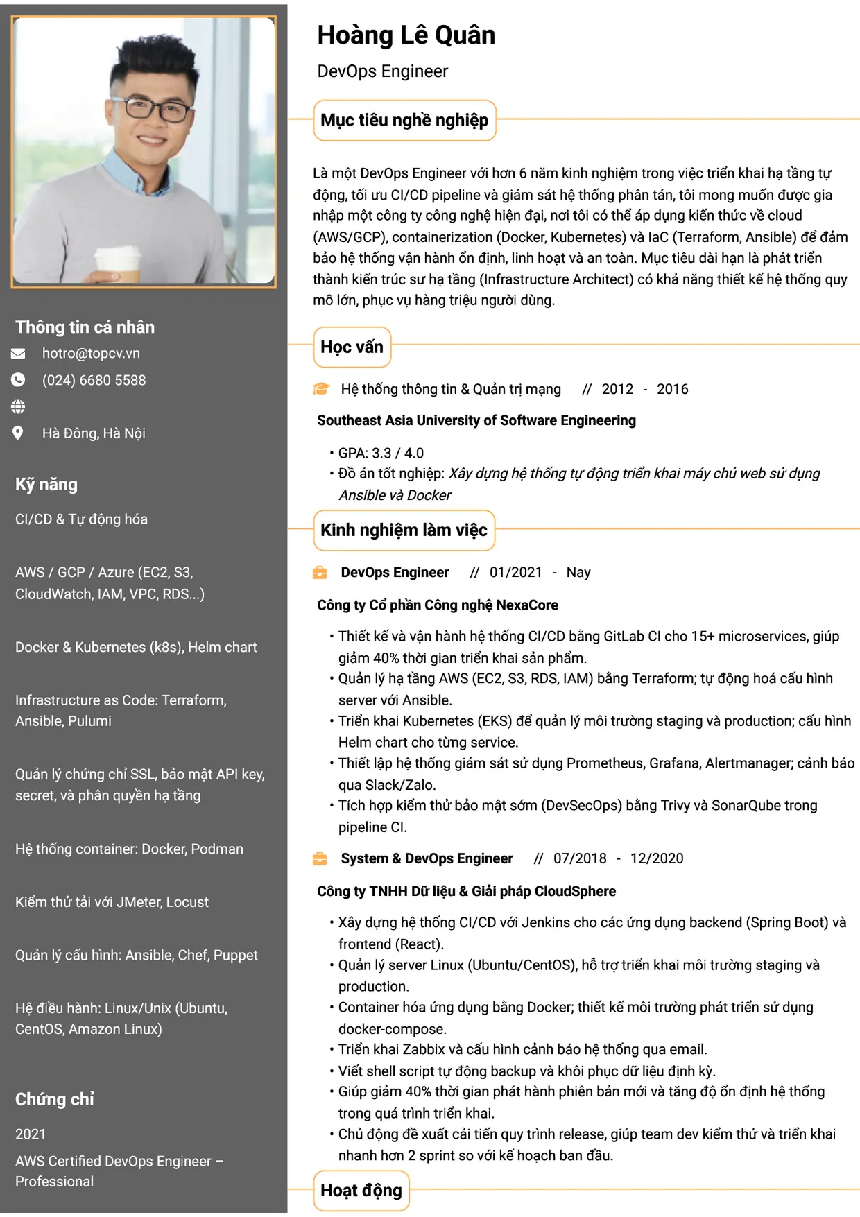 Mẫu CV DevOps Engineer style Thành đạt