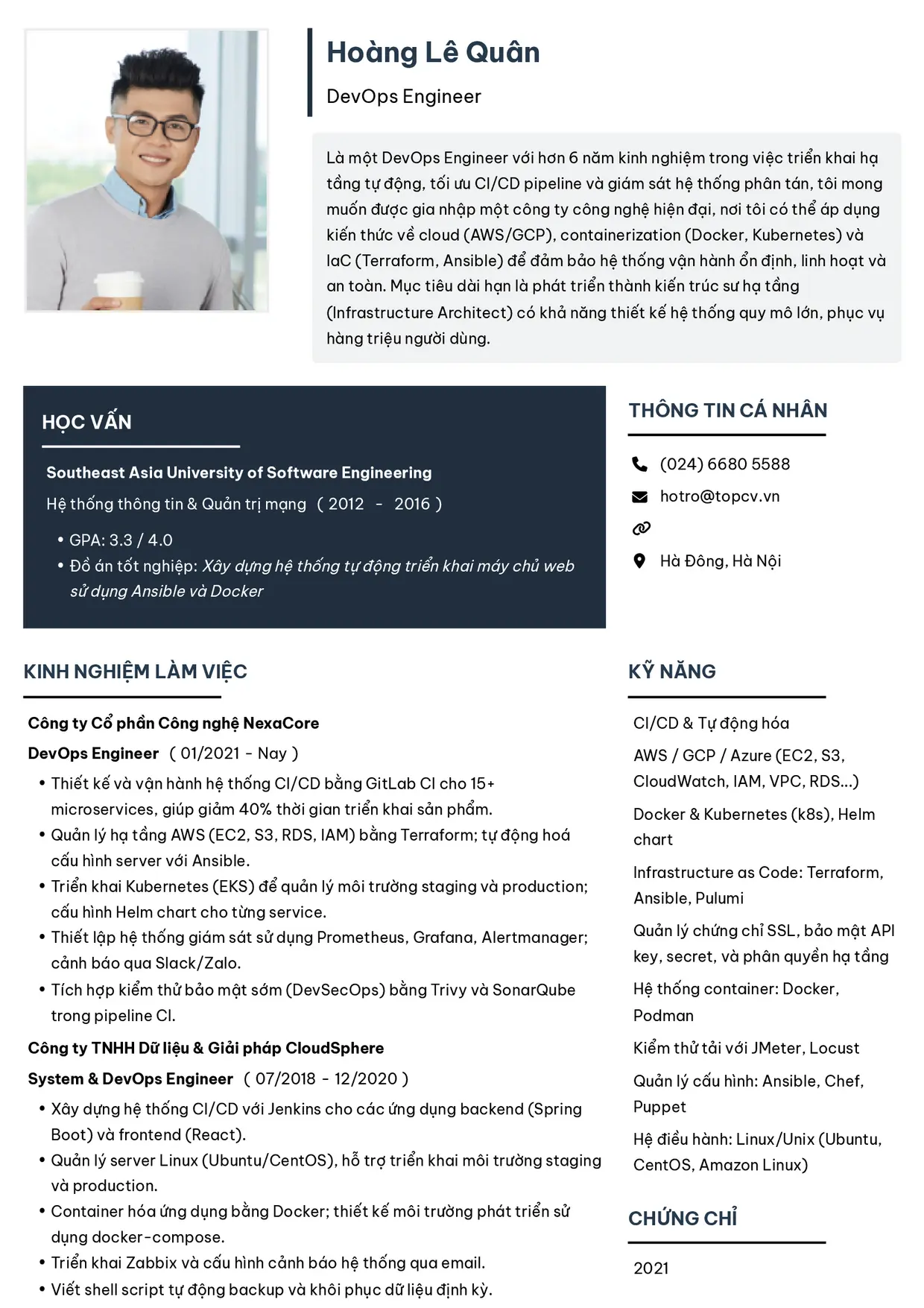 Mẫu CV DevOps Engineer style Tối giản 2