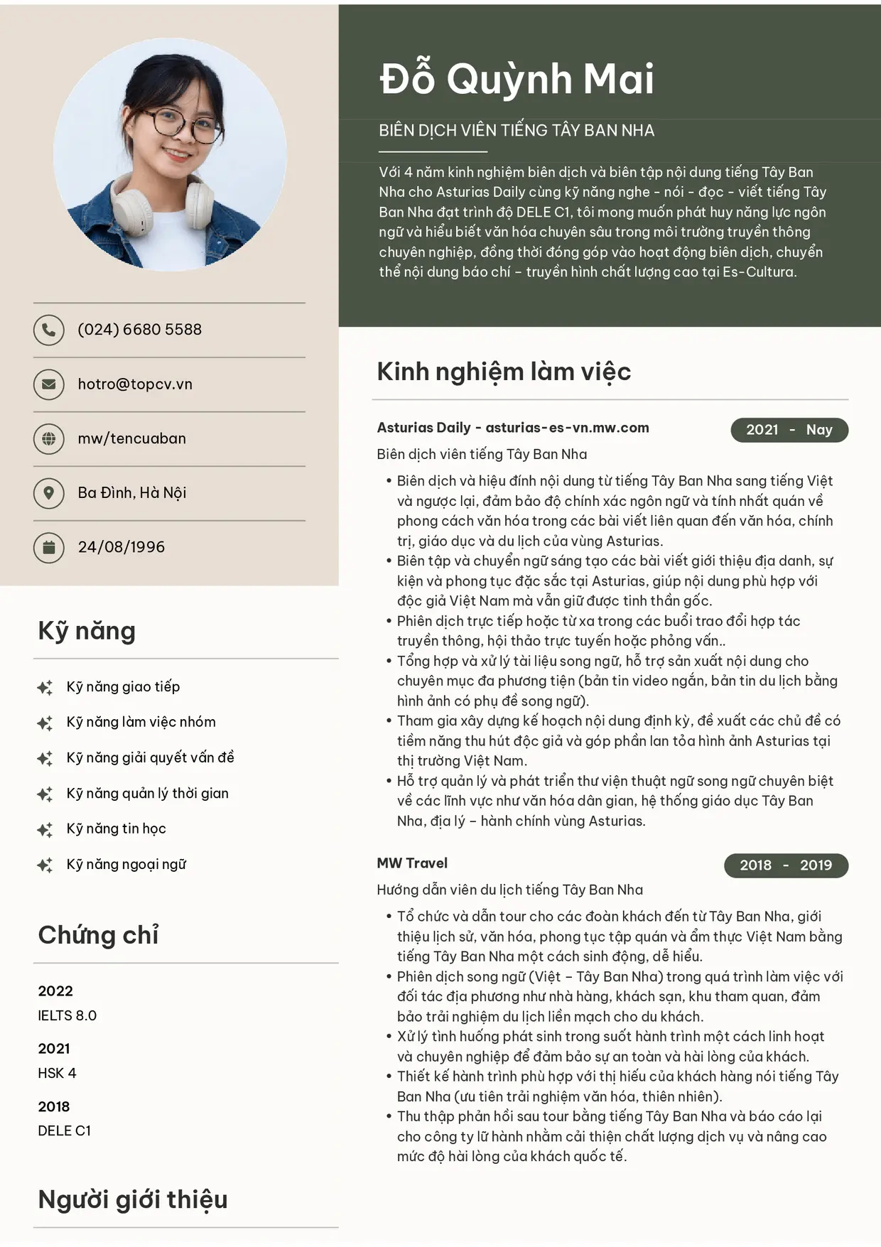 Mẫu CV xin việc Dịch thuật style Bright