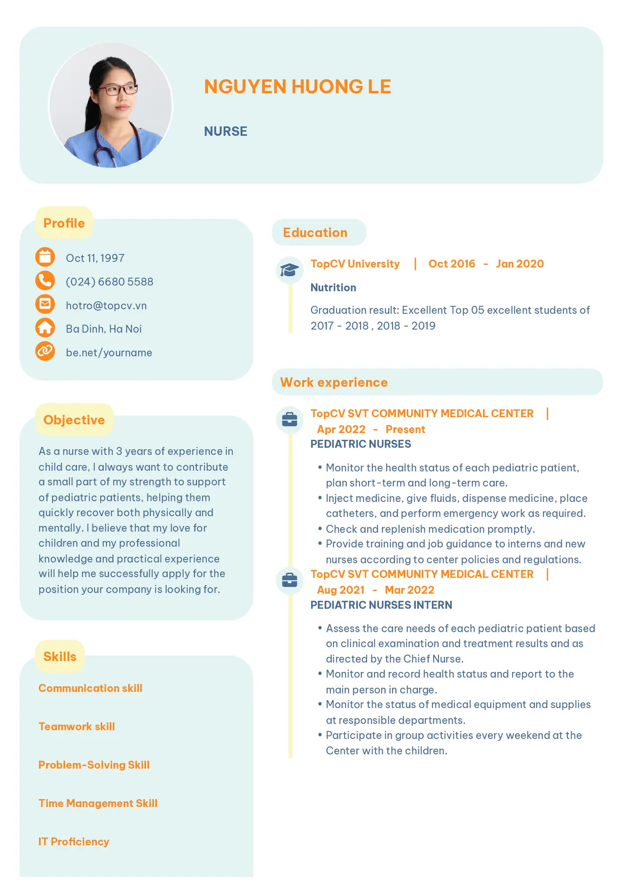 Mẫu CV xin việc Điều dưỡng style Basic 3