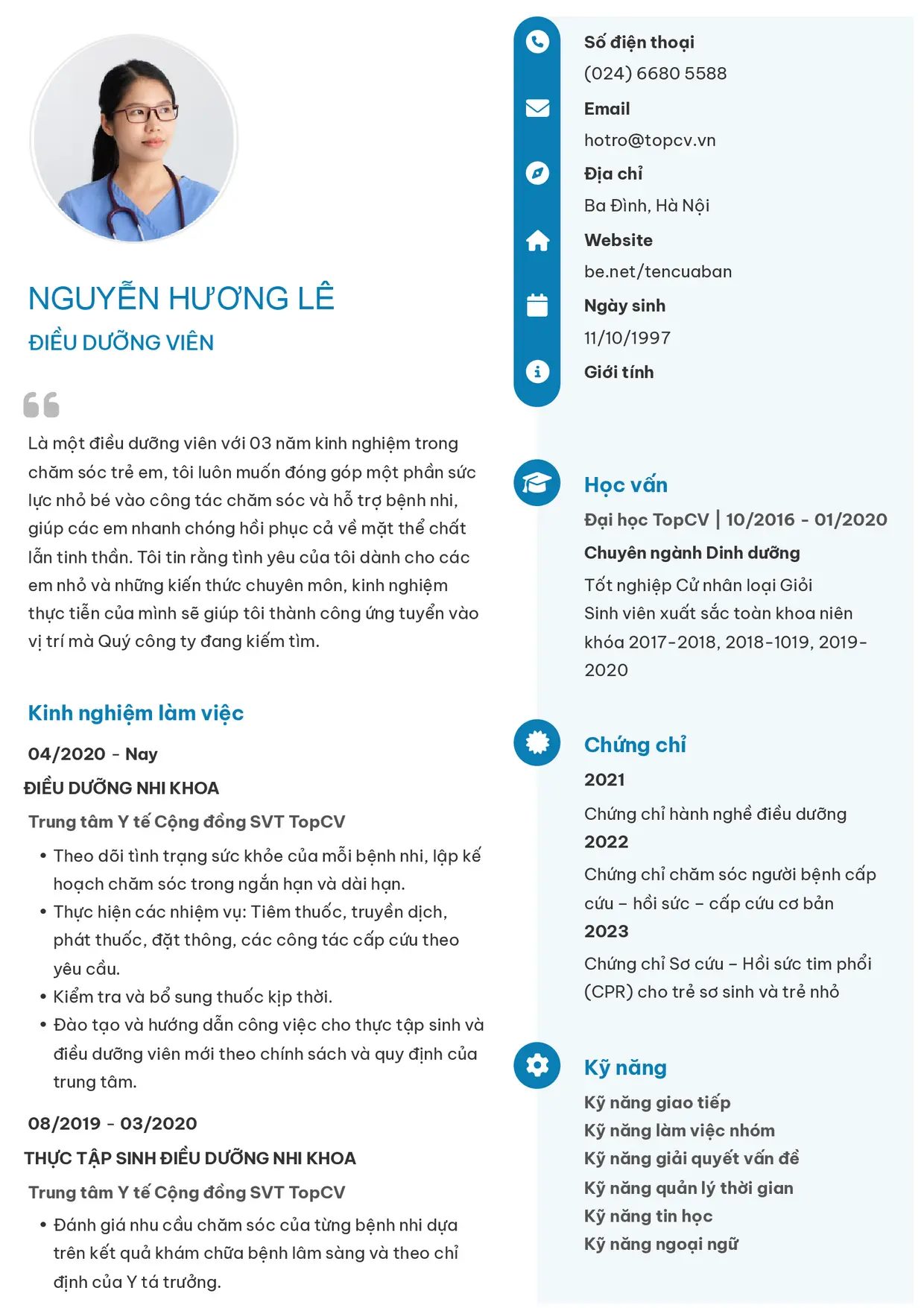 Mẫu CV xin việc Điều dưỡng style Basic 4