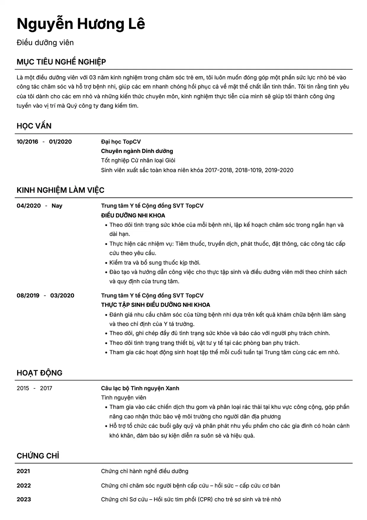 Mẫu CV xin việc Điều dưỡng style Headhunt