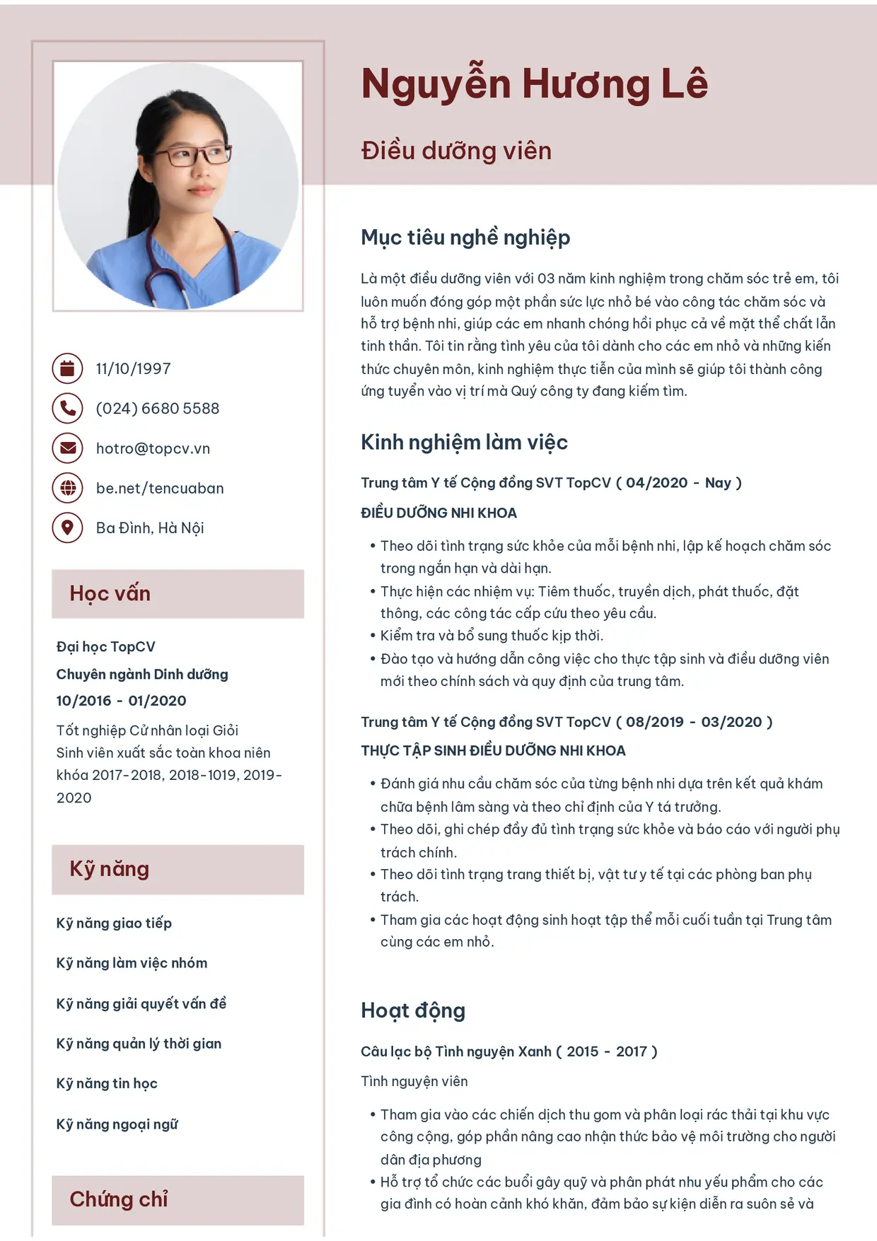 Mẫu CV xin việc Điều dưỡng style Thanh nhã