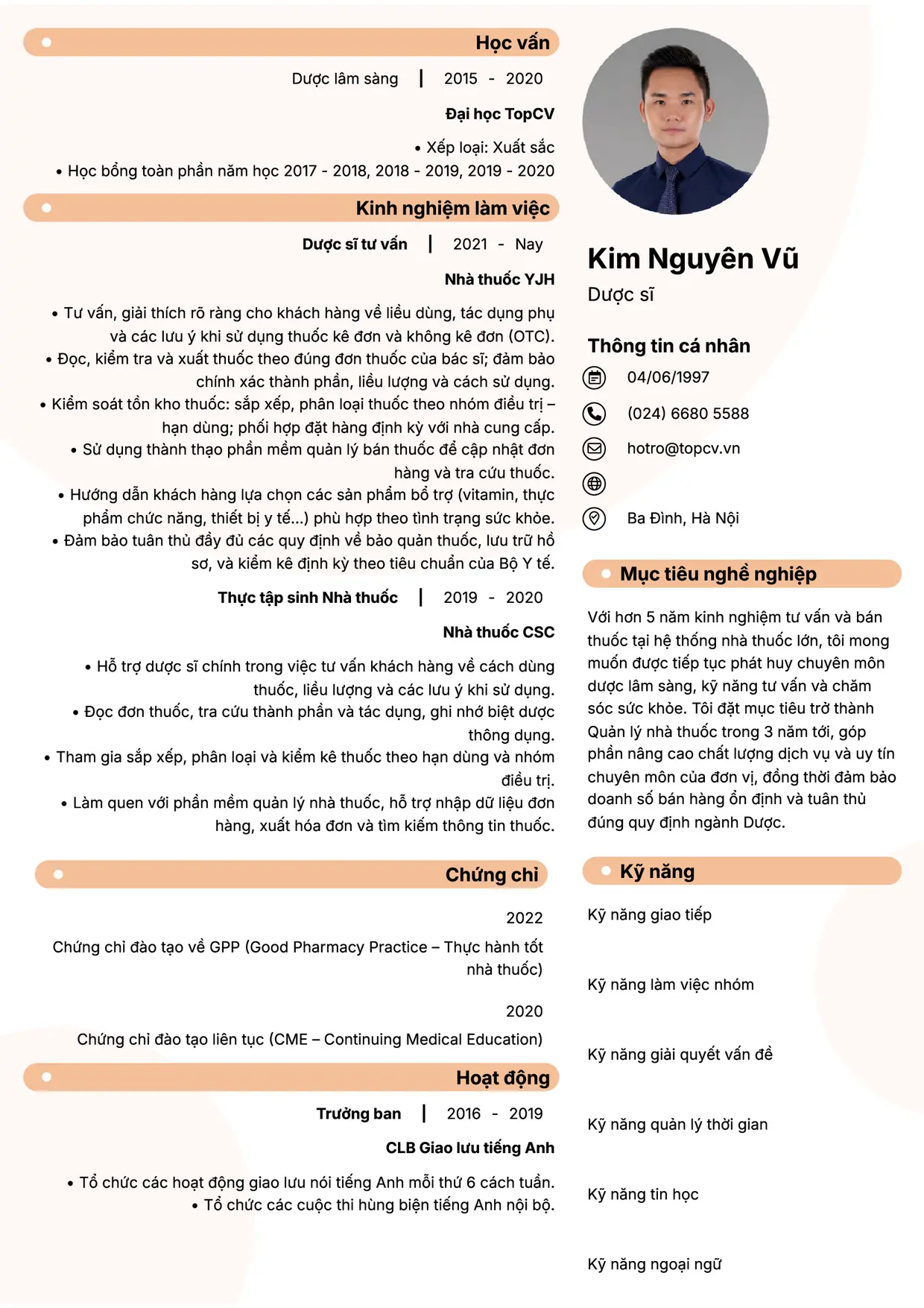 Mẫu CV Dược sĩ style Basic 5