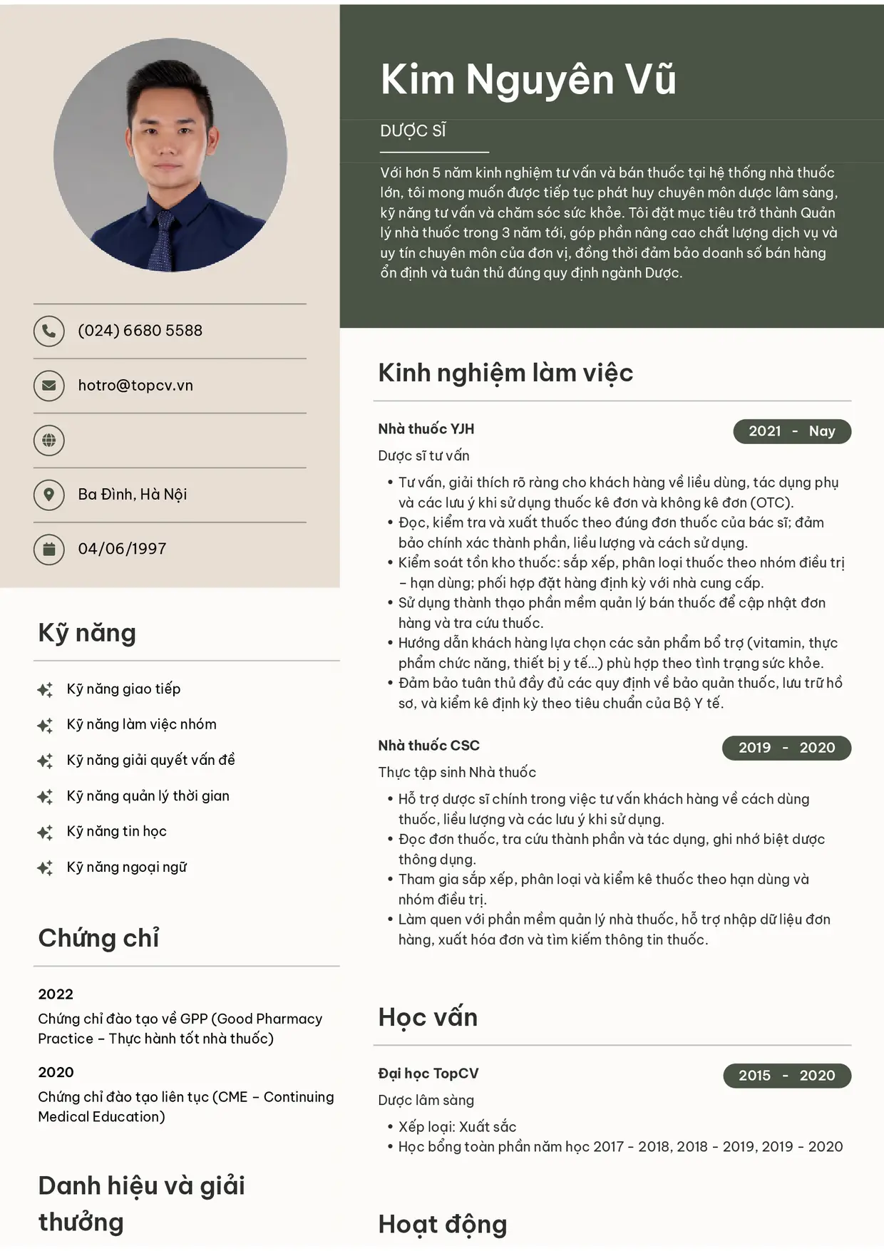 Mẫu CV Dược sĩ style Bright