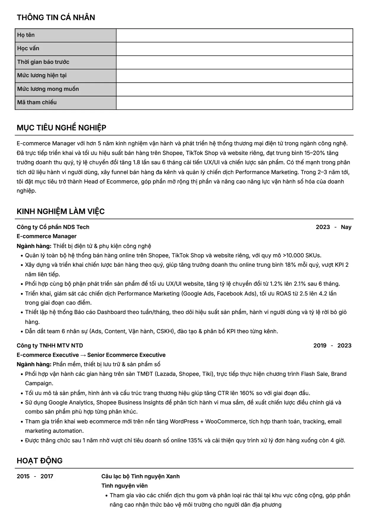 Mẫu CV E-commerce Manager style Headhunt