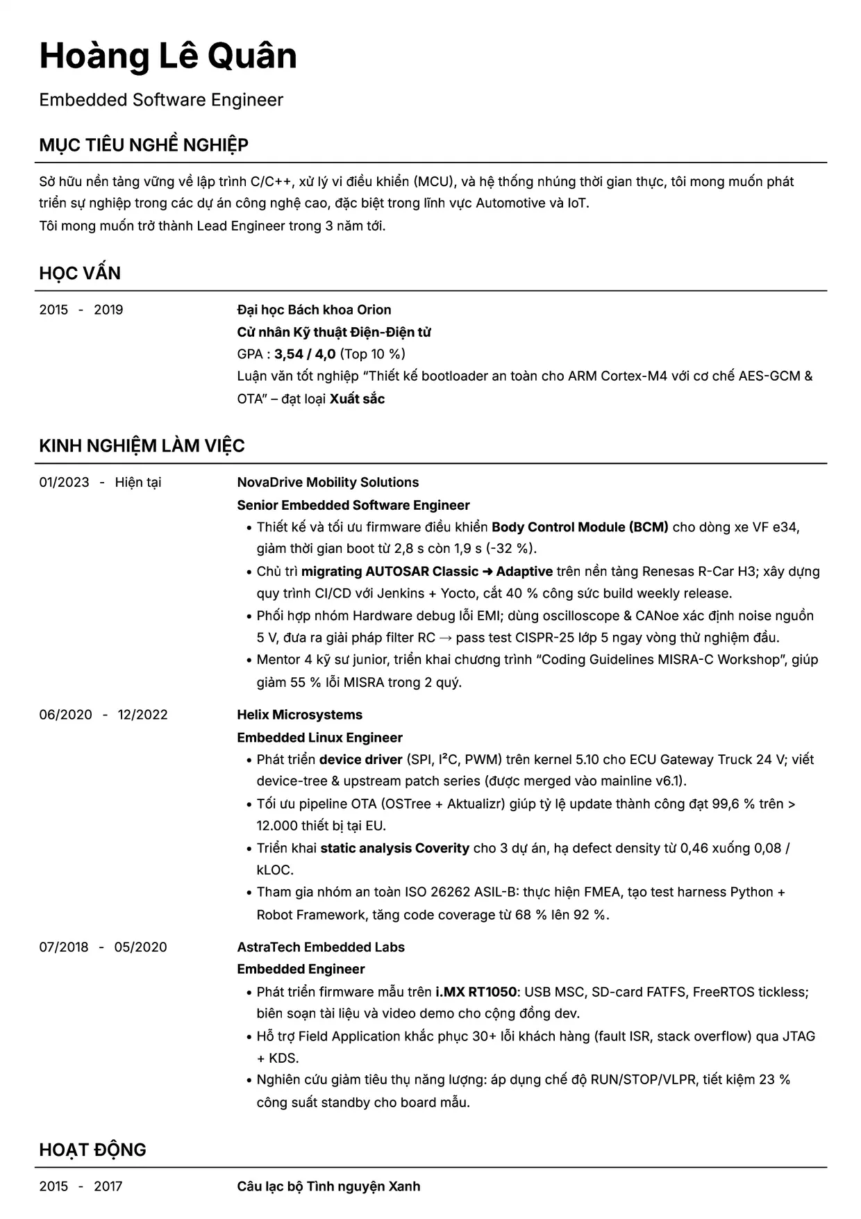 Mẫu CV Embedded Engineer style Headhunt