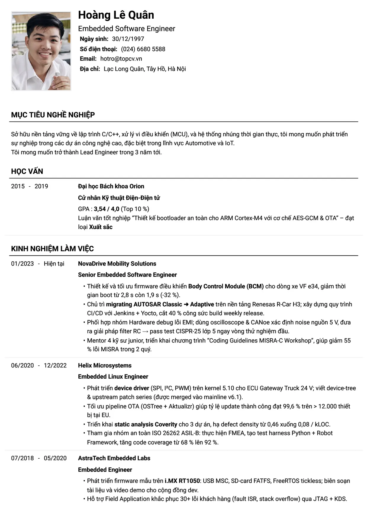 Mẫu CV Embedded Engineer style Tiêu chuẩn