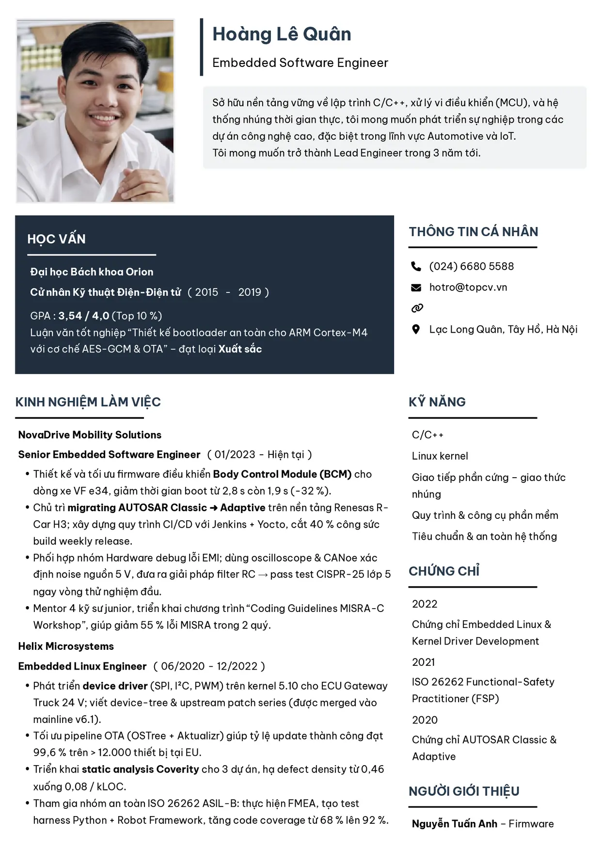 Mẫu CV Embedded Engineer style Tối giản 2