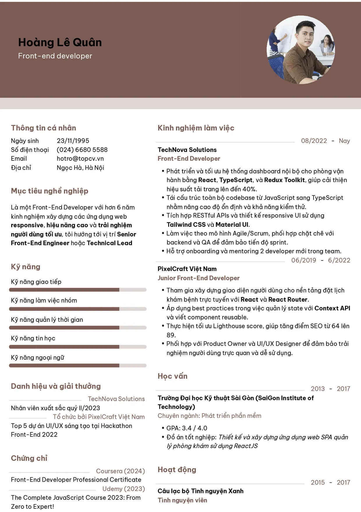 Mẫu CV xin việc Front-End Developer style Ấn tượng 3