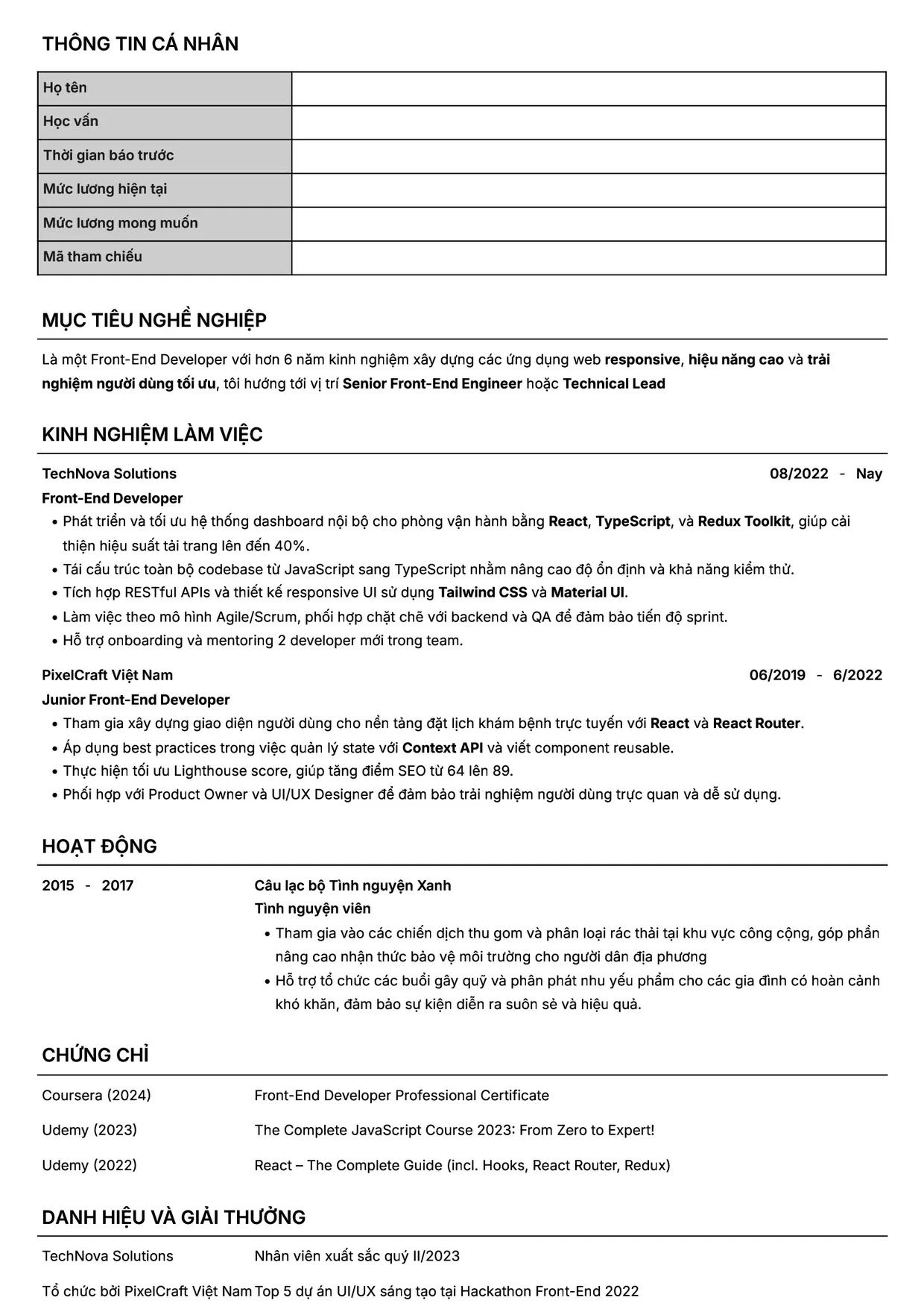 Mẫu CV xin việc Front-End Developer style Headhunt