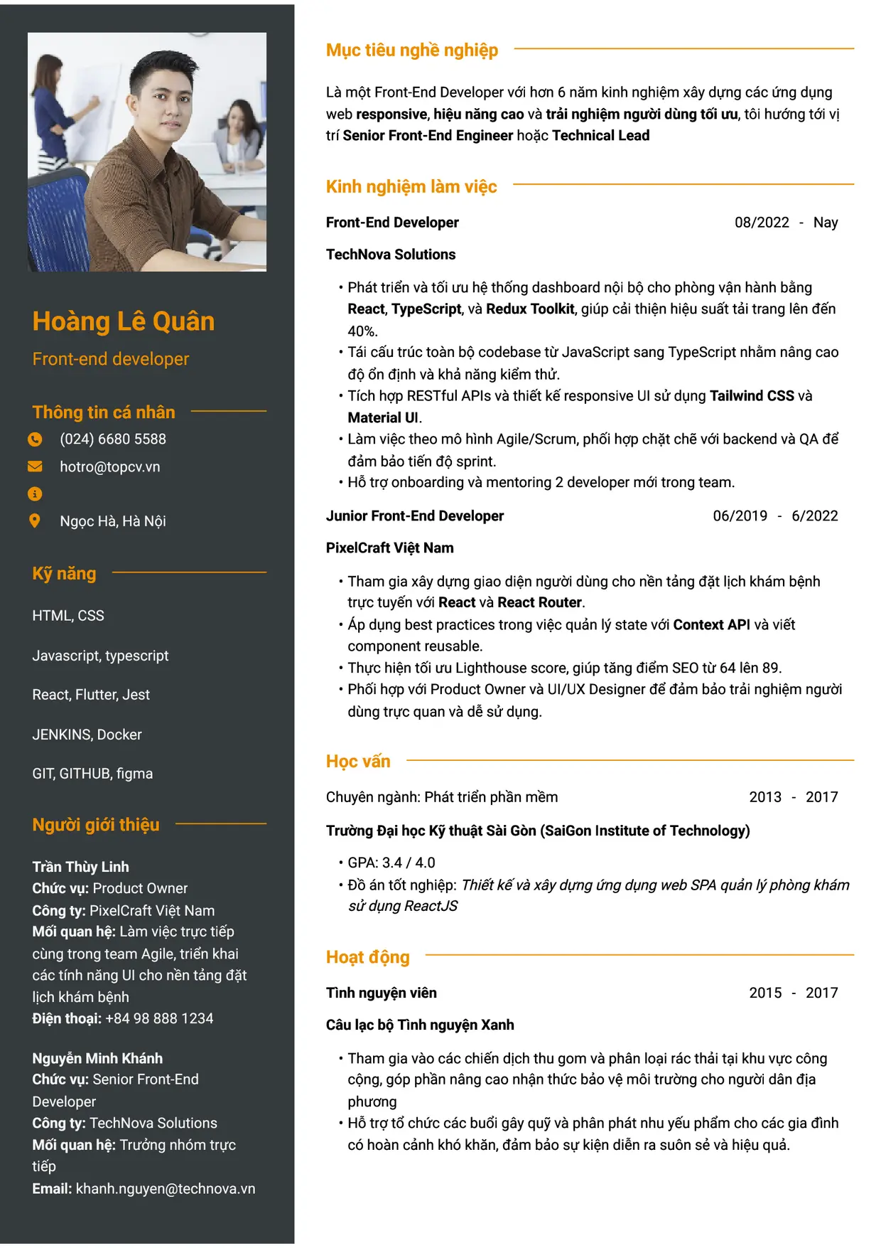 Mẫu CV xin việc Front-End Developer style Tham vọng