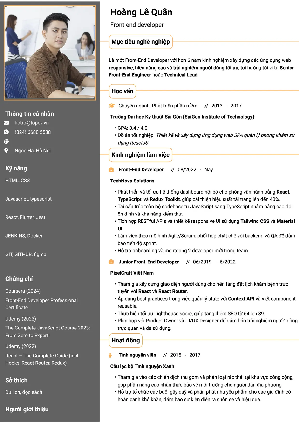 Mẫu CV xin việc Front-End Developer style Thành đạt
