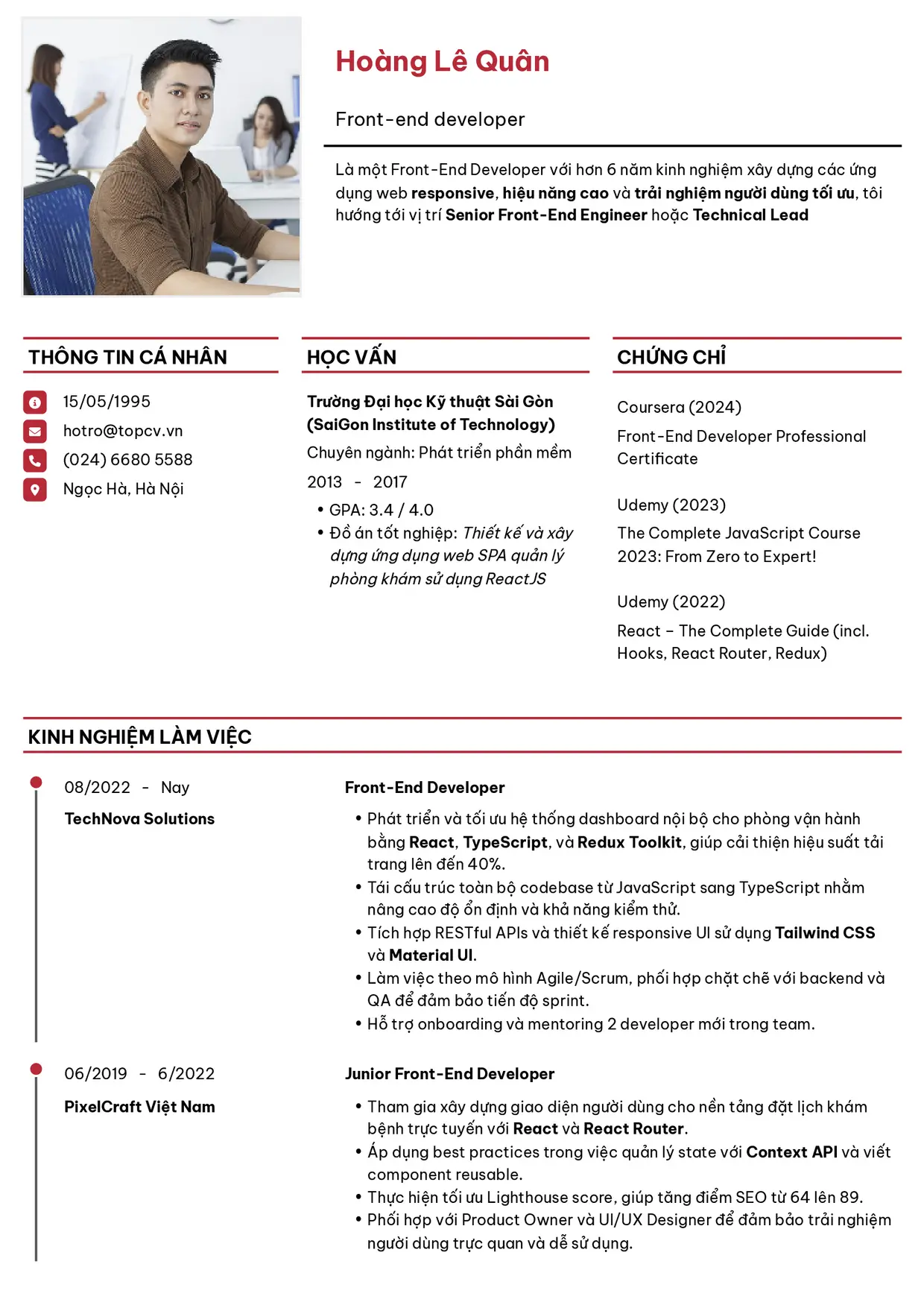 Mẫu CV xin việc Front-End Developer style Thanh lịch