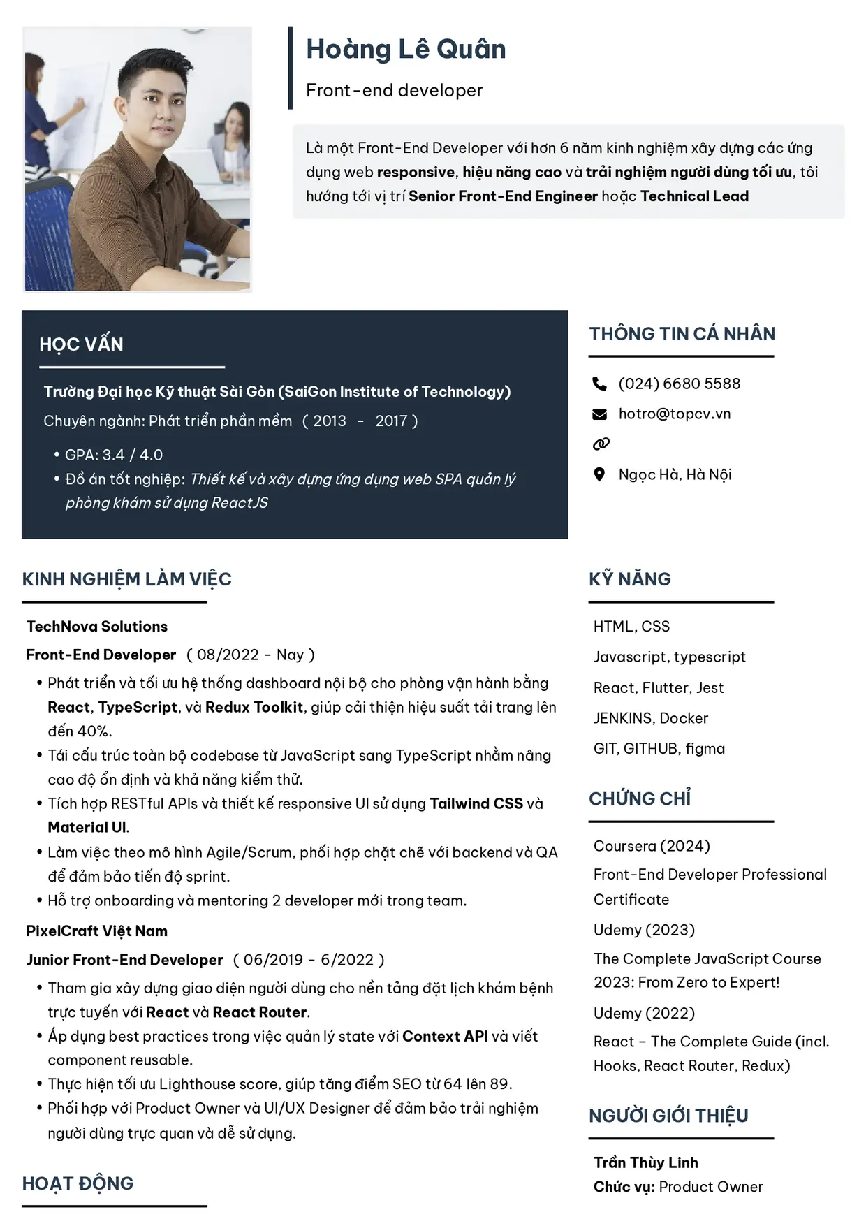 Mẫu CV xin việc Front-End Developer style Tối giản 2