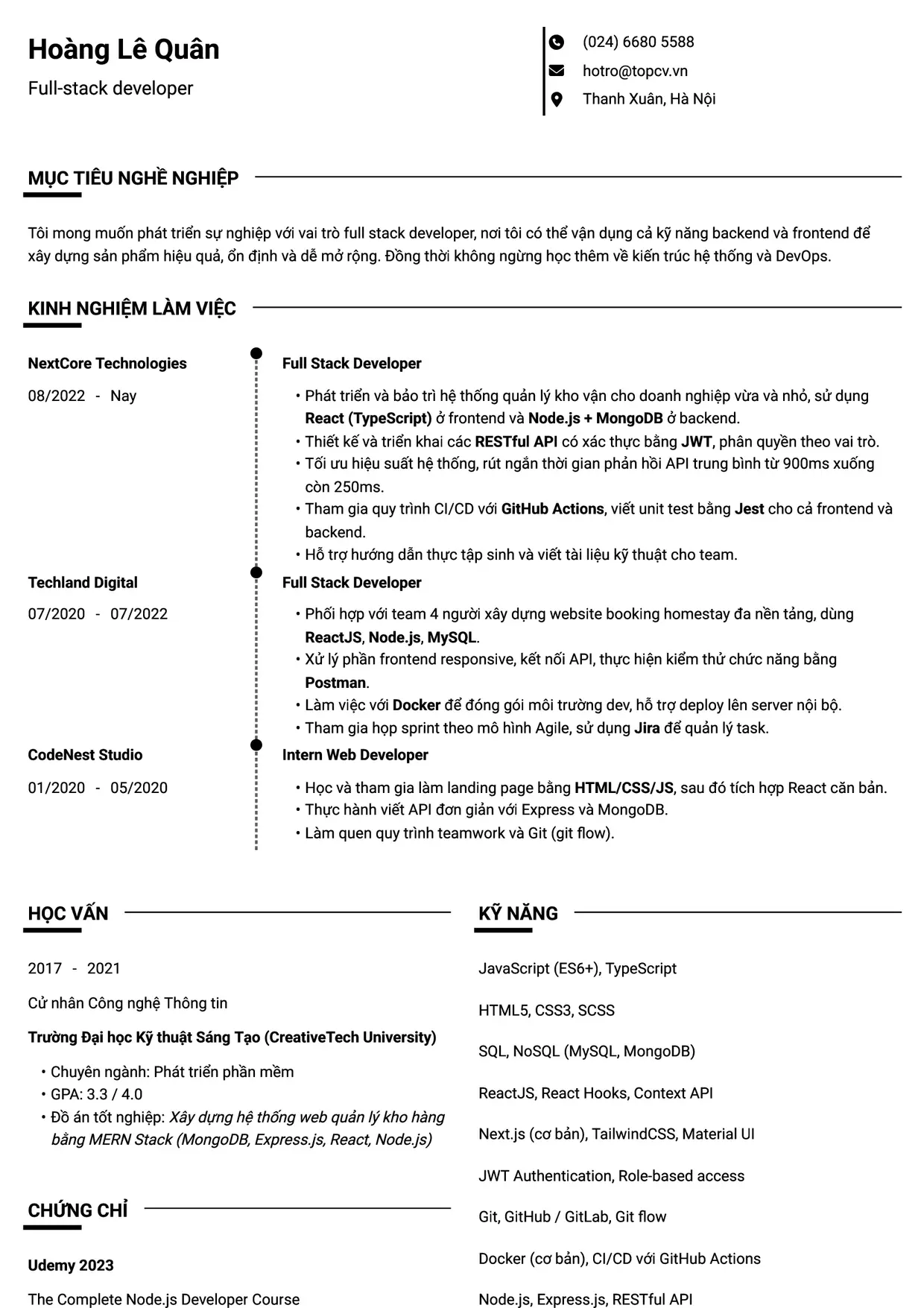 Mẫu CV xin việc Fullstack Developer style Chuyên gia