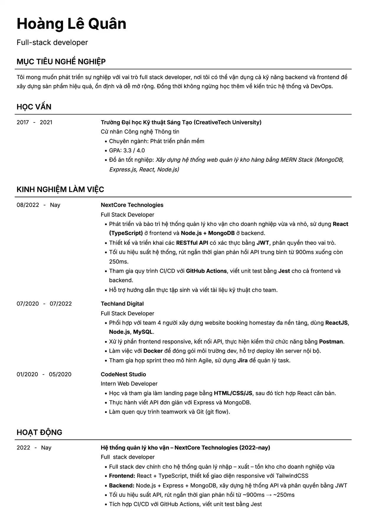 Mẫu CV xin việc Fullstack Developer style Headhunt