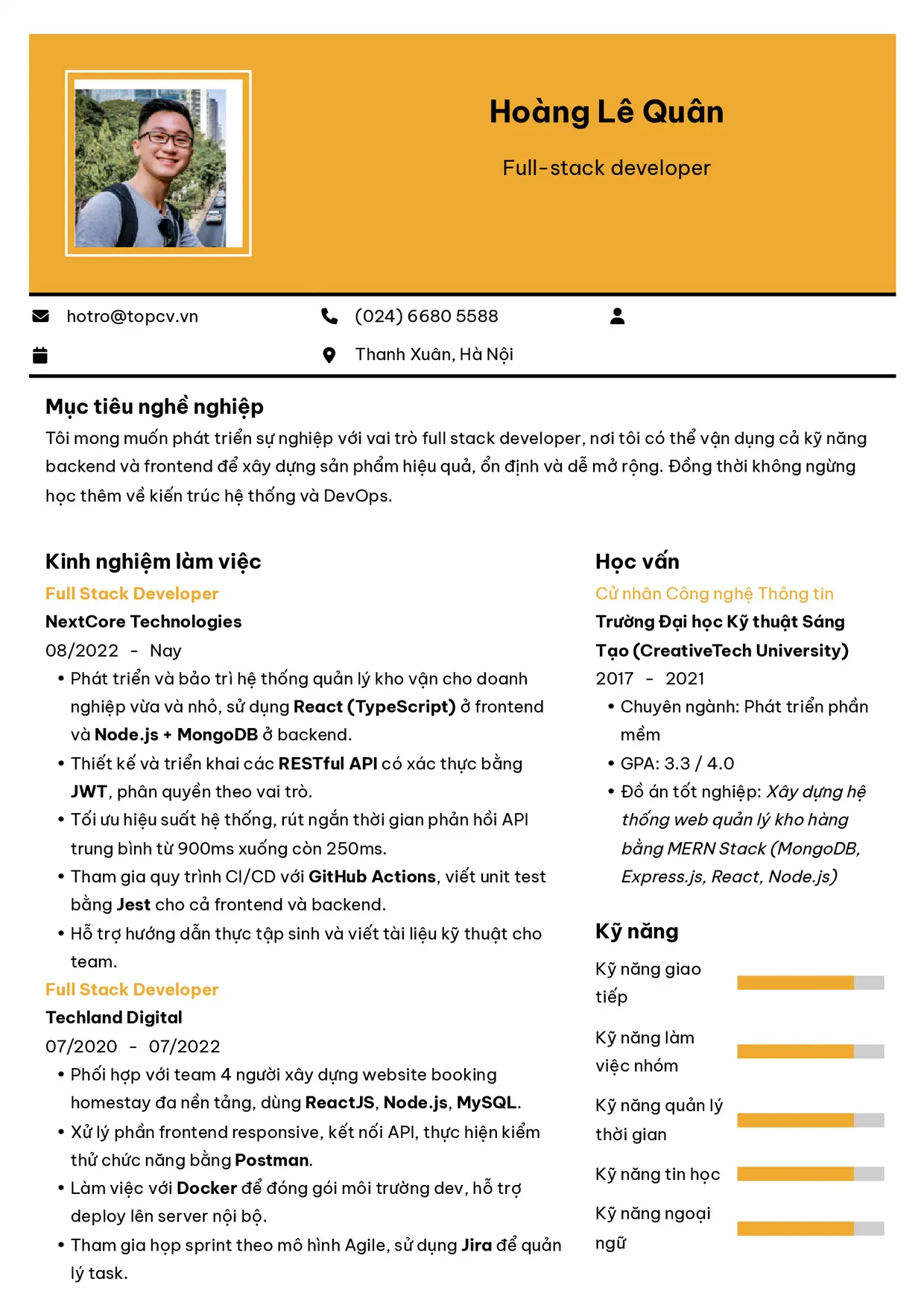 Mẫu CV xin việc Fullstack Developer style Hiện Đại 4