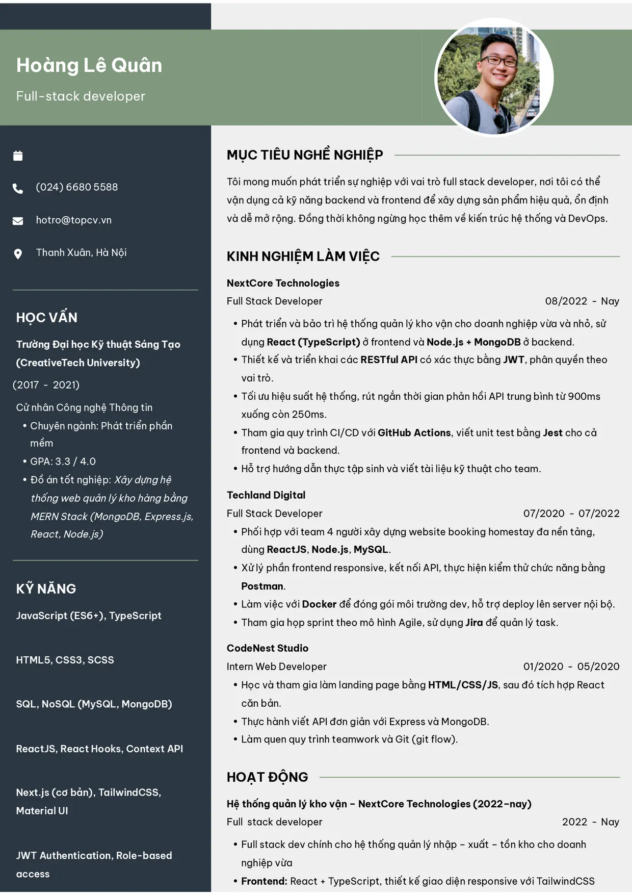 Mẫu CV xin việc Fullstack Developer style Outstanding 10