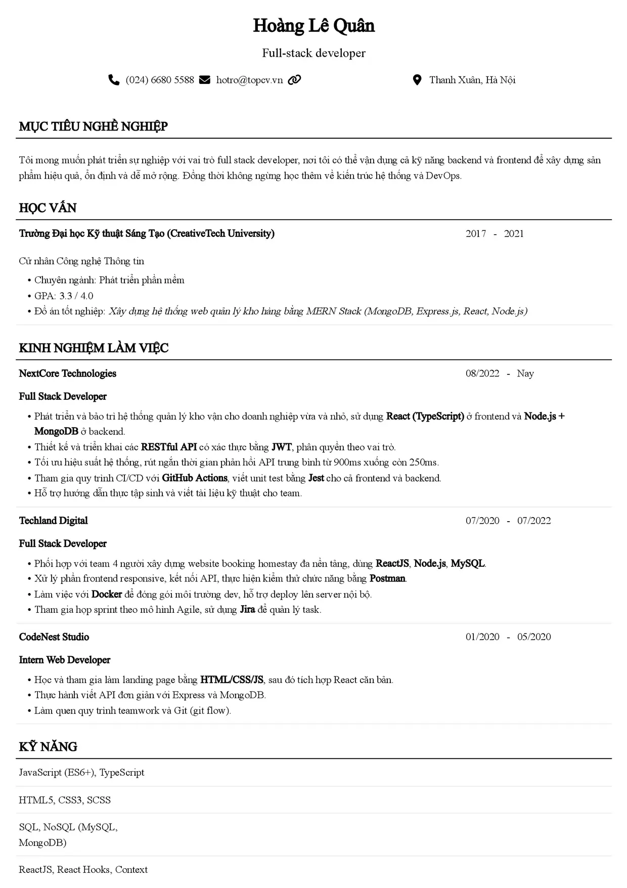 Mẫu CV xin việc Fullstack Developer style Senior