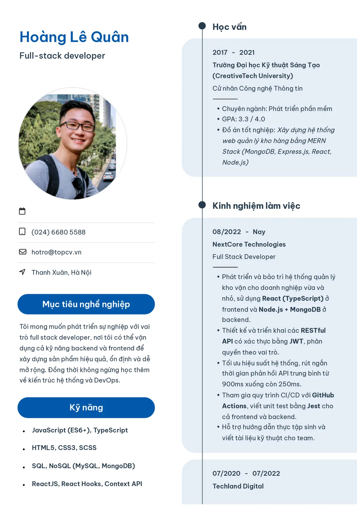 Mẫu CV xin việc Fullstack Developer style Sinh viên 3