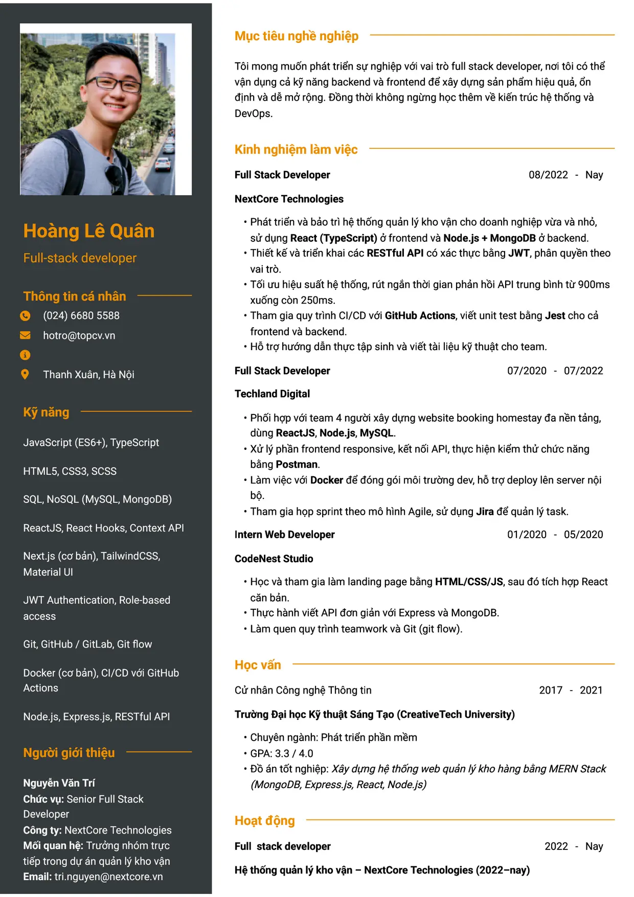 Mẫu CV xin việc Fullstack Developer style Tham vọng