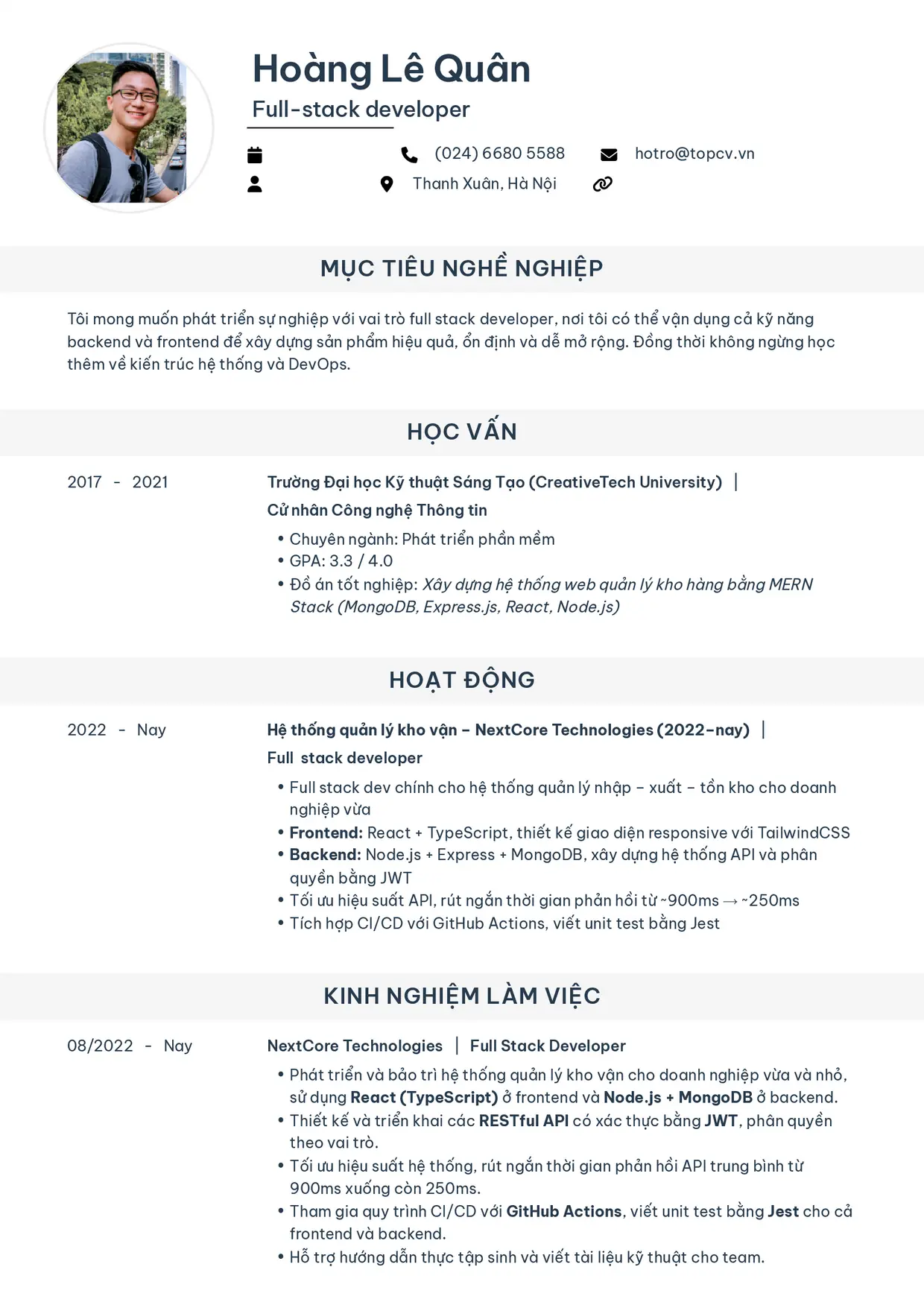 Mẫu CV xin việc Fullstack Developer style Tiêu chuẩn (ít kinh nghiệm)