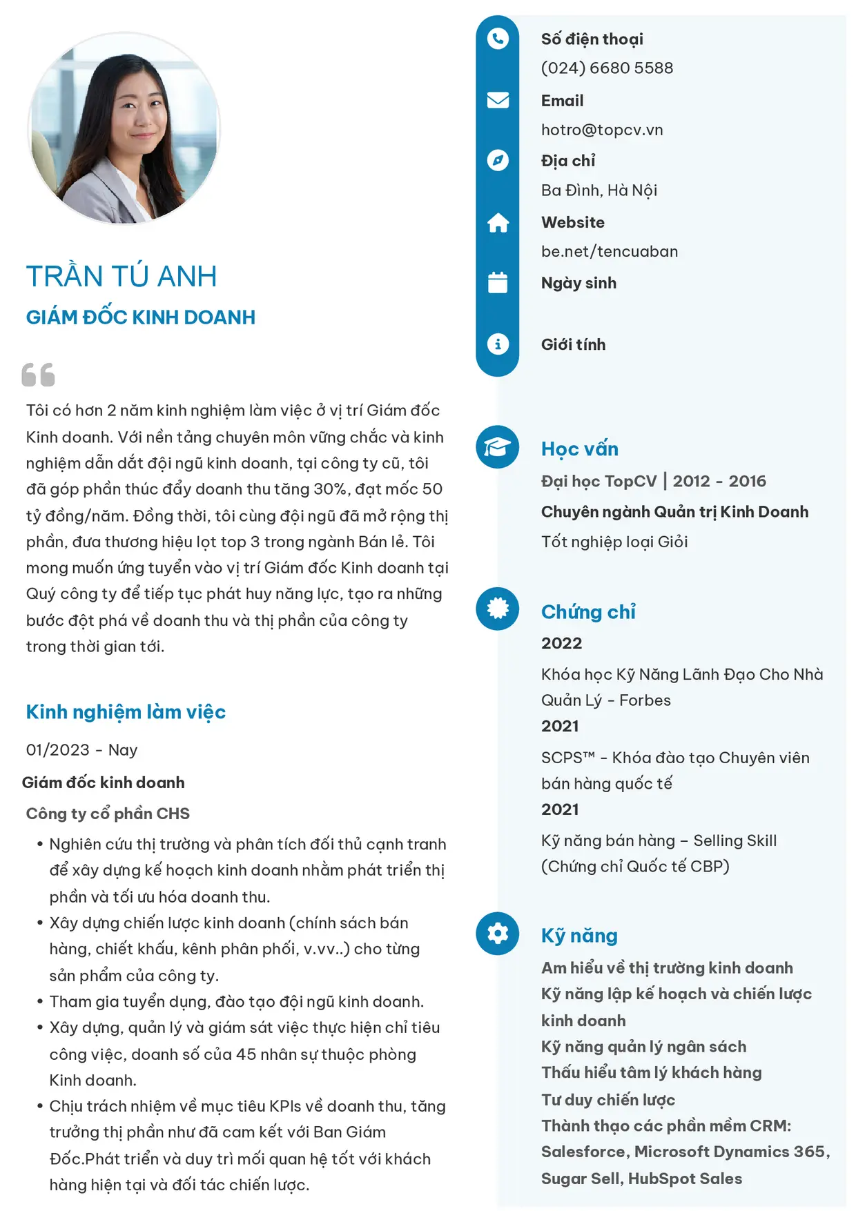 Mẫu CV xin việc Giám đốc kinh doanh style Basic 4