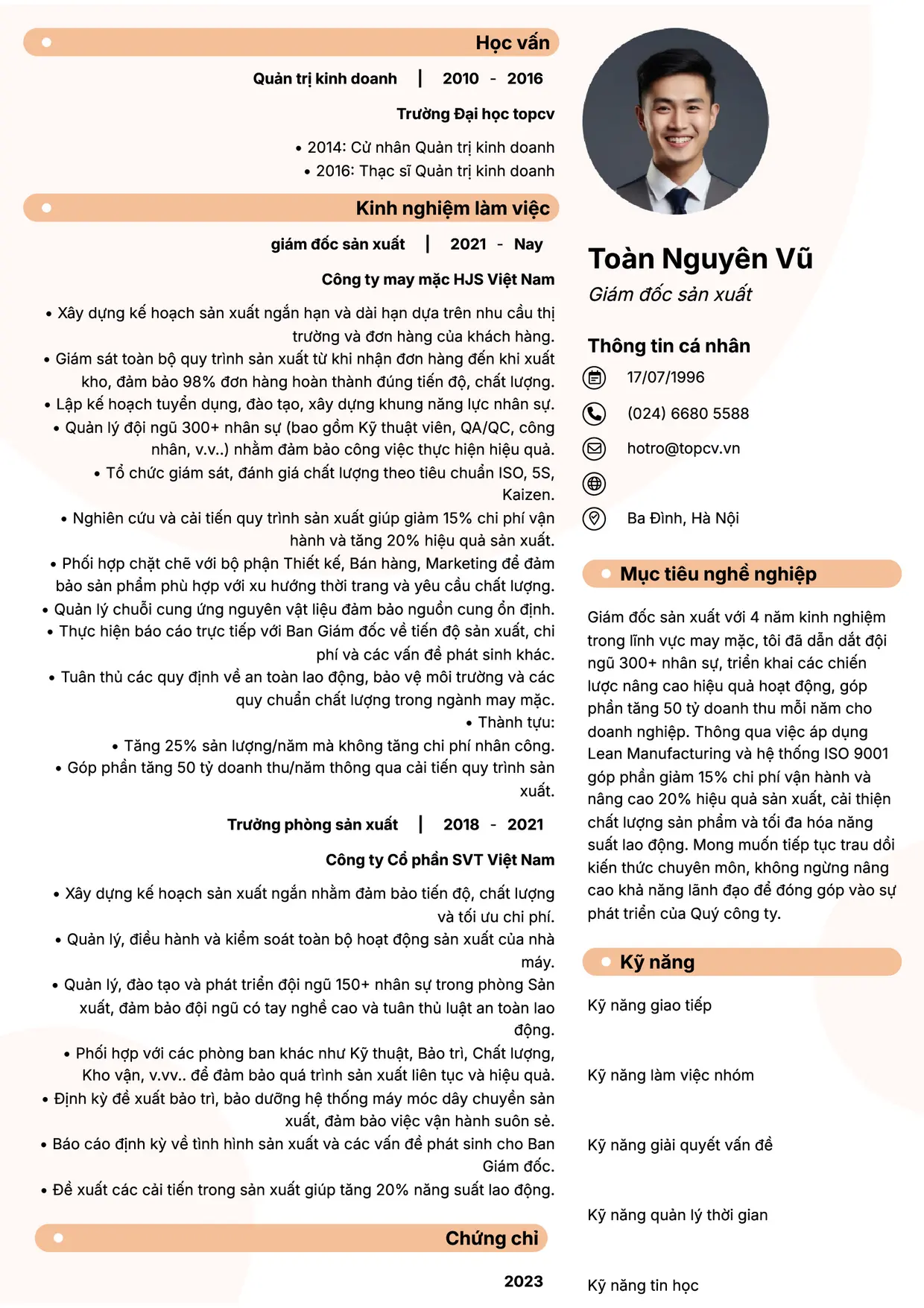 Mẫu CV xin việc Giám đốc sản xuất style Basic 5