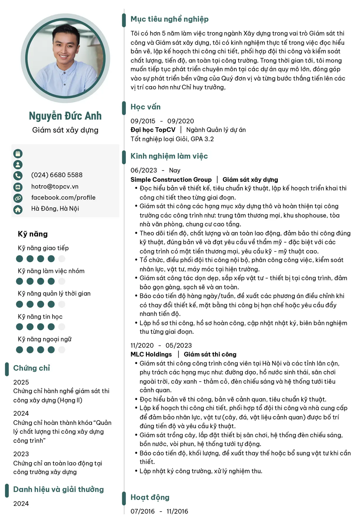 Mẫu CV Giám sát xây dựng style Ấn tượng 4