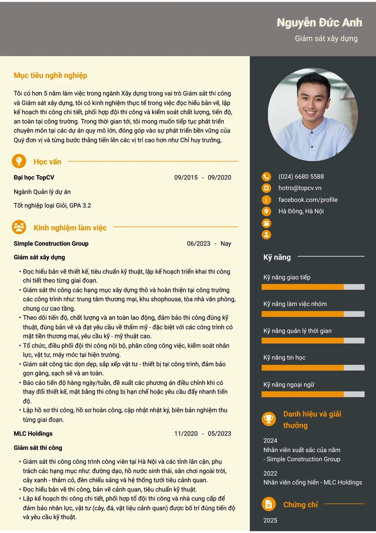 Mẫu CV Giám sát xây dựng style Ấn tượng