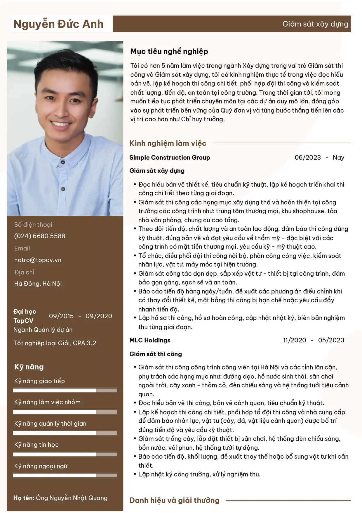 Mẫu CV Giám sát xây dựng style Chuyên Nghiệp 1