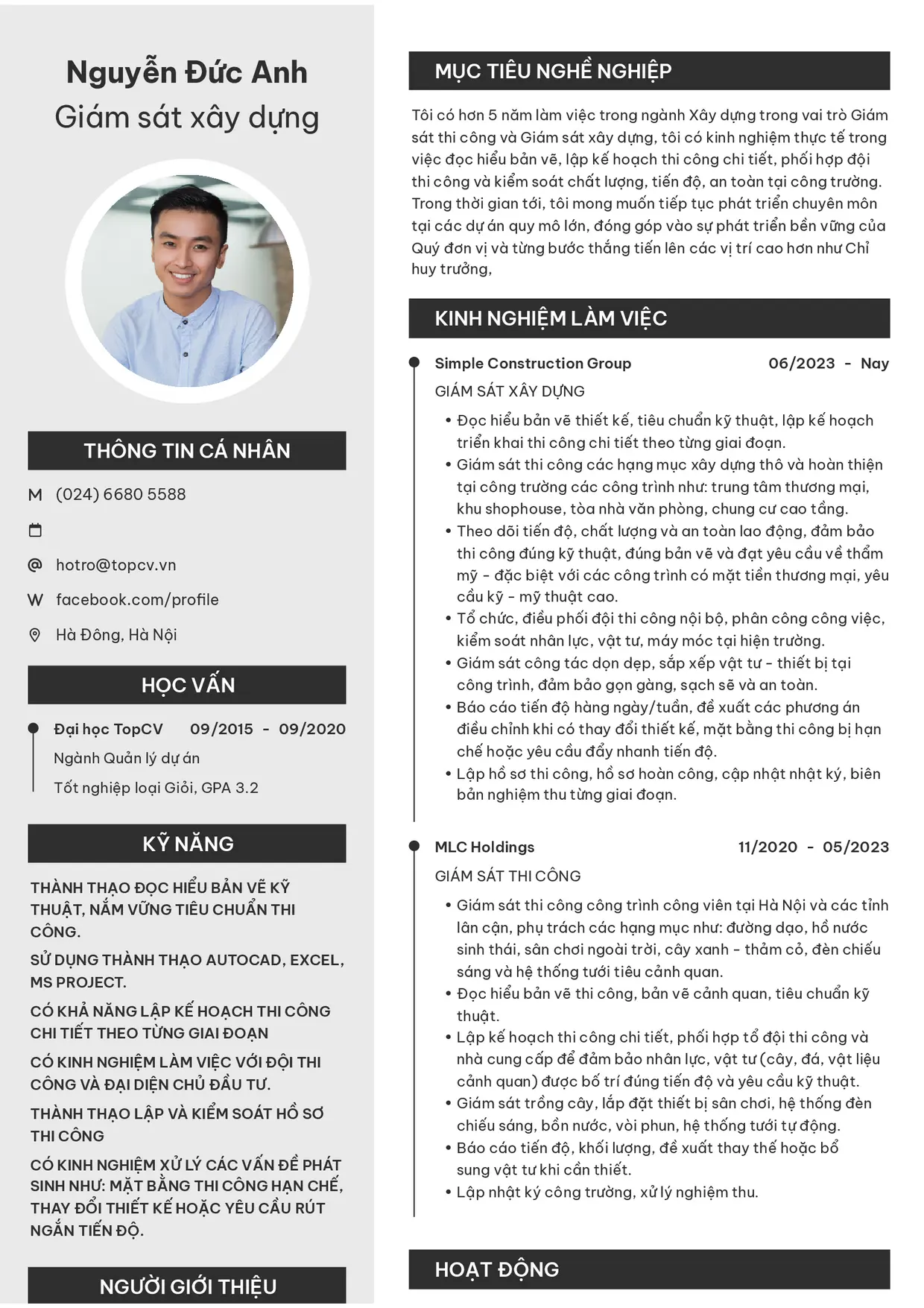 Mẫu CV Giám sát xây dựng style Clarity