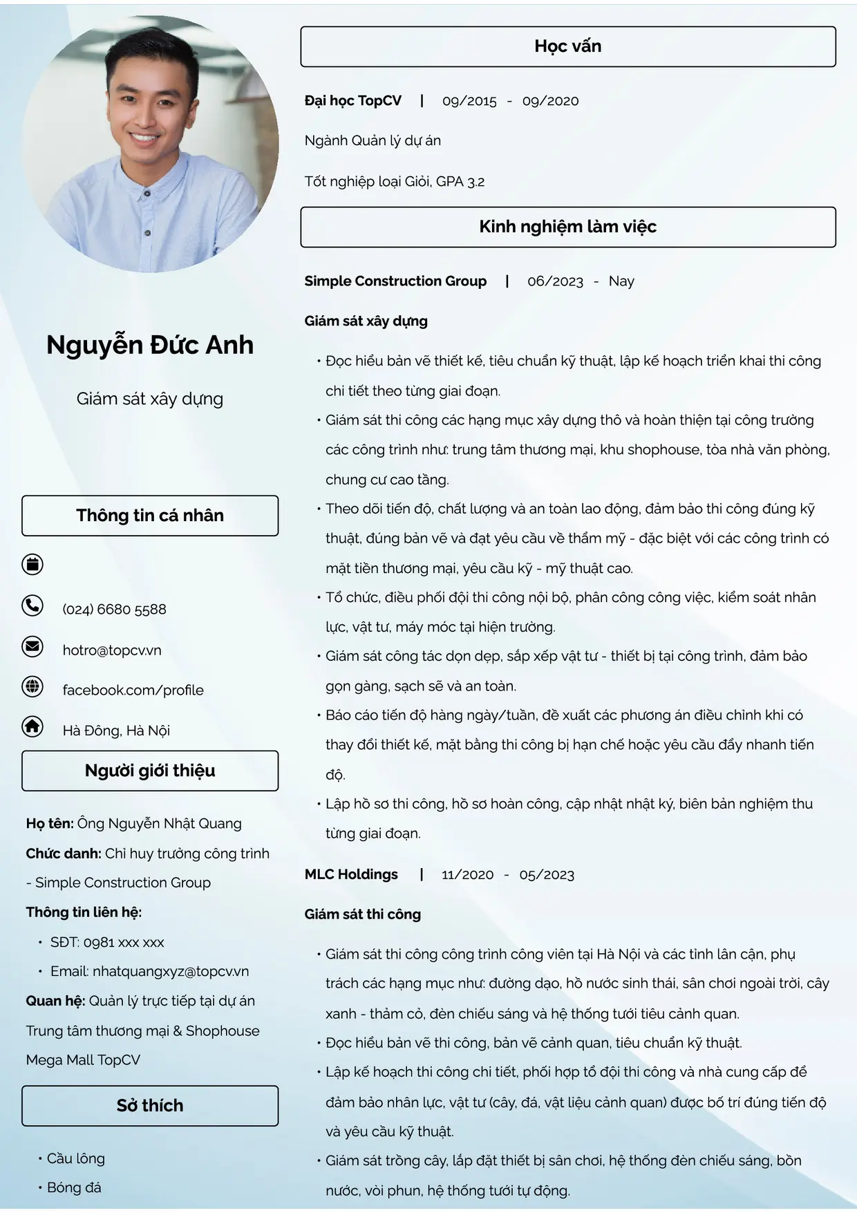 Mẫu CV Giám sát xây dựng style Đam mê